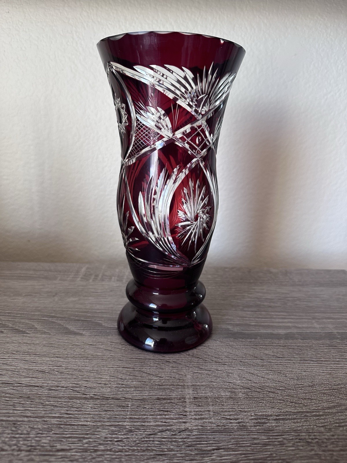 Vintage Ruby Red Crystal Cut to Clear Vase Bohemian Czech Style Burgundy 9 1/2”