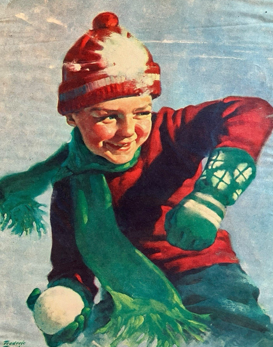 Vtg Frederic Stanley 1930s Magazine Print Happy Little Boy Throwing Snowball