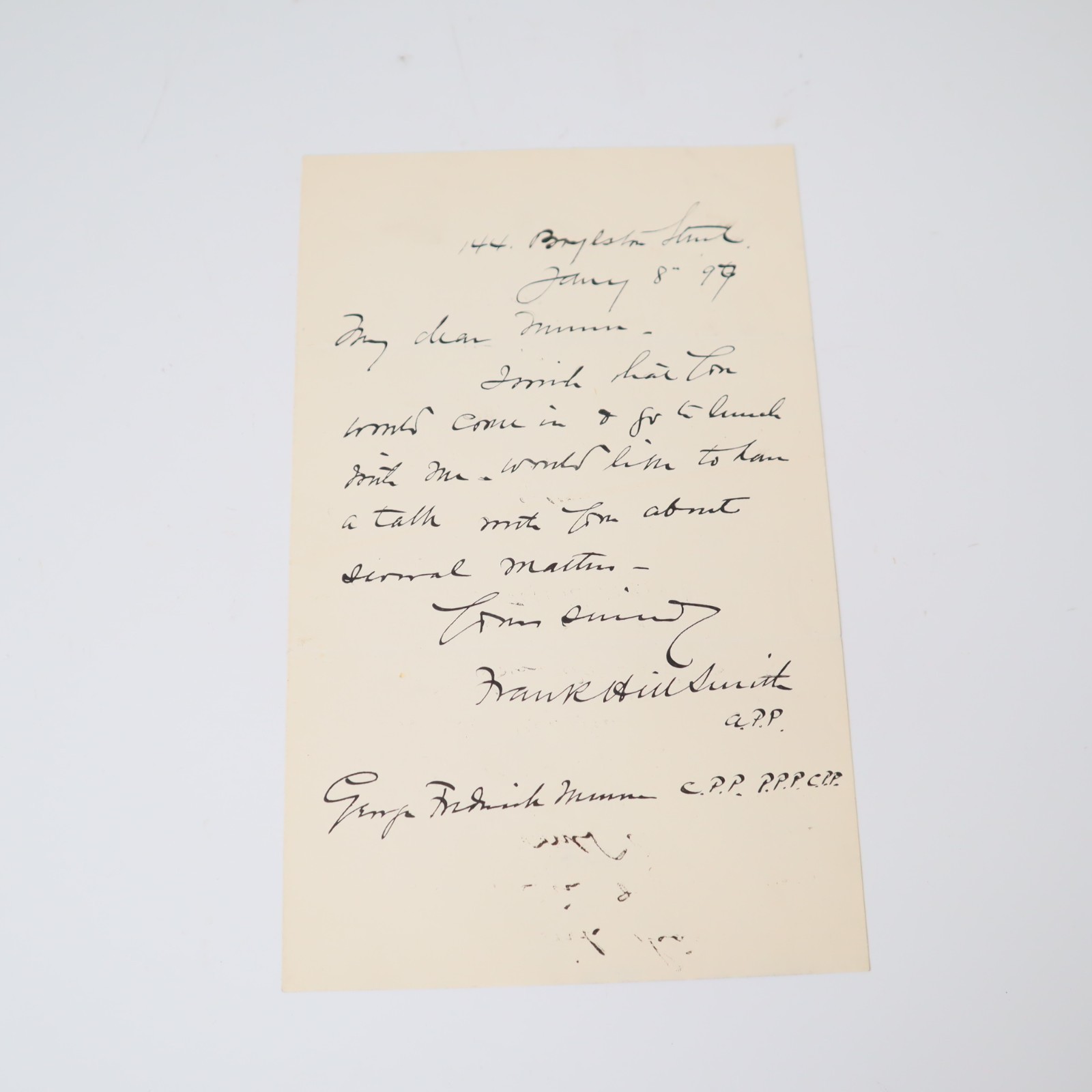 Vintage 1899 Frank Hill Smith Signed Handwritten Letter to George Frederick Munn