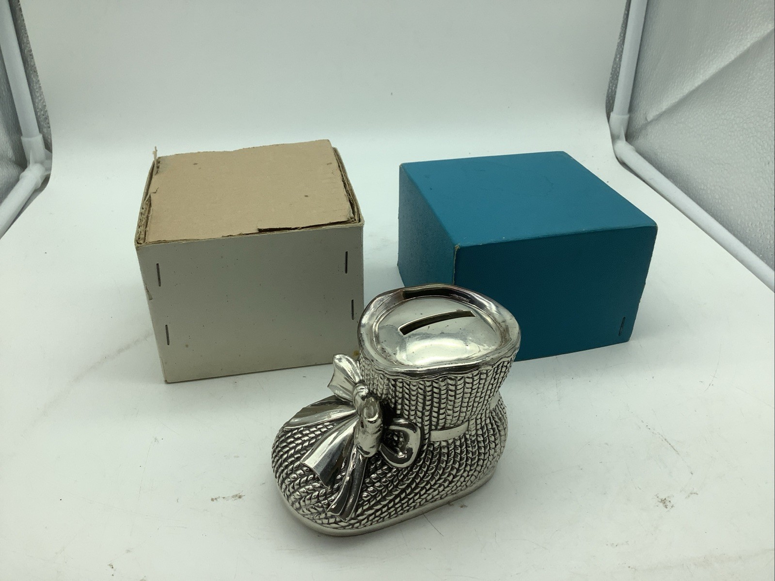 RAIMOND VINTAGE SILVER PLATE BABY SHOE BANK Boot Bow Antique Baby gift in box RAIMOND VINTAGE SILVER PLATE BABY SHOE BANK Boot Bow Antique Baby gift in box