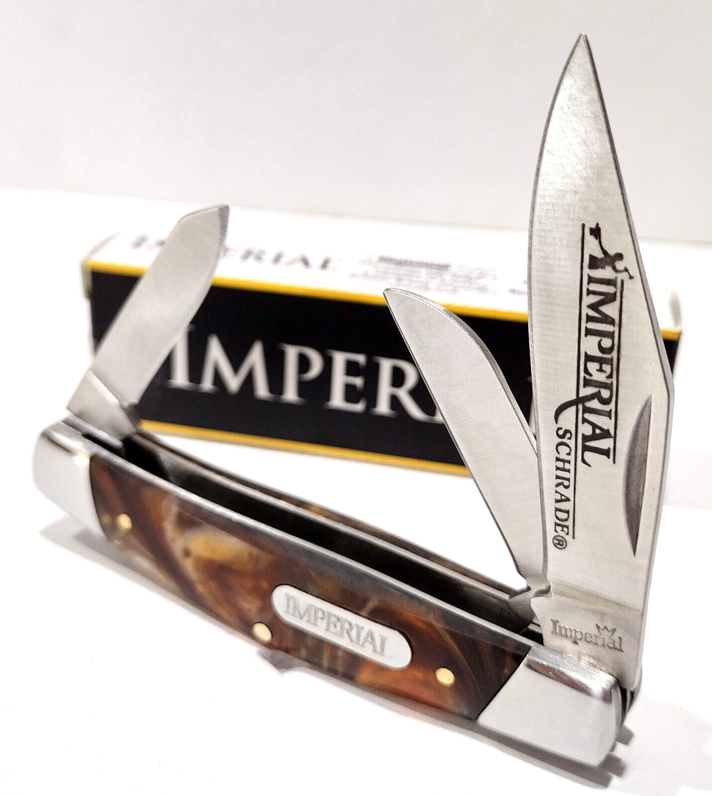 Imperial Schrade Amber Celluloid Small 3 Blade Stockman Folding Pocket Knife