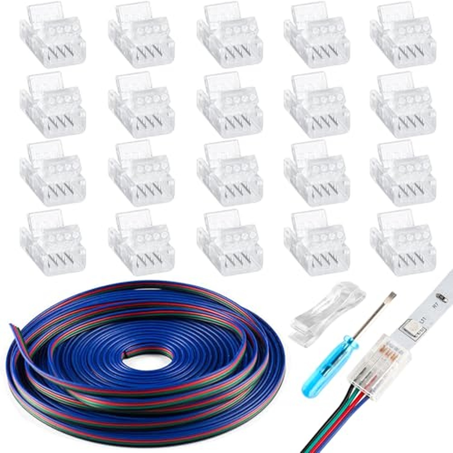 20Pcs 4Pin 10mm LED Strip Connectors Solderless with 16.4ft Extension Cable 20Pcs 4Pin 10mm LED Strip Connectors Solderless with 16.4ft Extension Cable