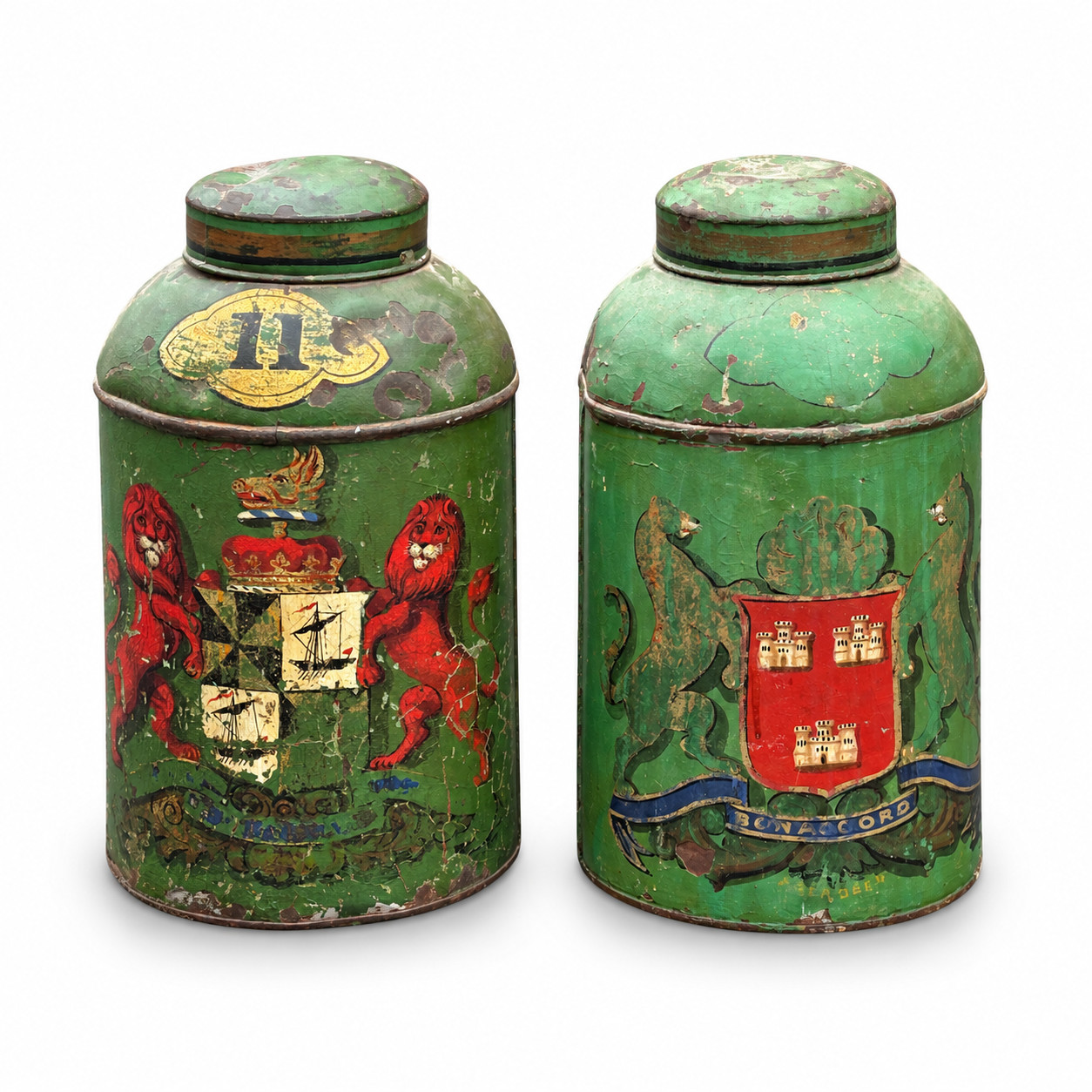 Antique Victorian Green Tole Tea Canister Pair Armorial Aberdeen Bon Accord 18in