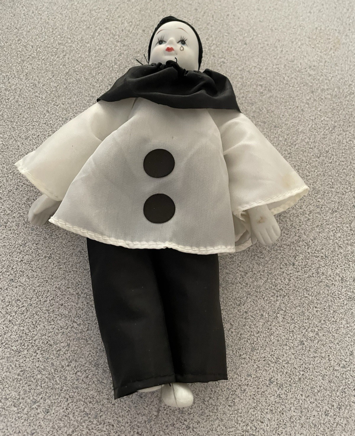 Vintage Pierrot Sad Mime Clown Doll Black and White Harlequin Figurine