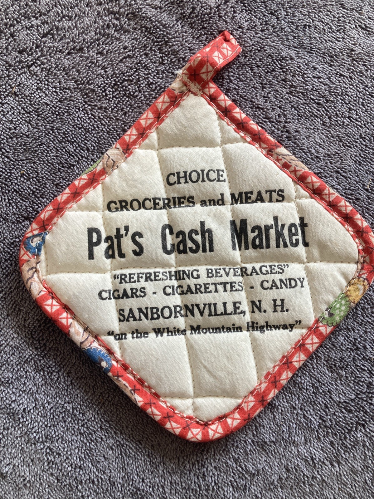 Sanbornville New Hampshire White Mountains Pats Cash Market Pot Holder Ad 1950s