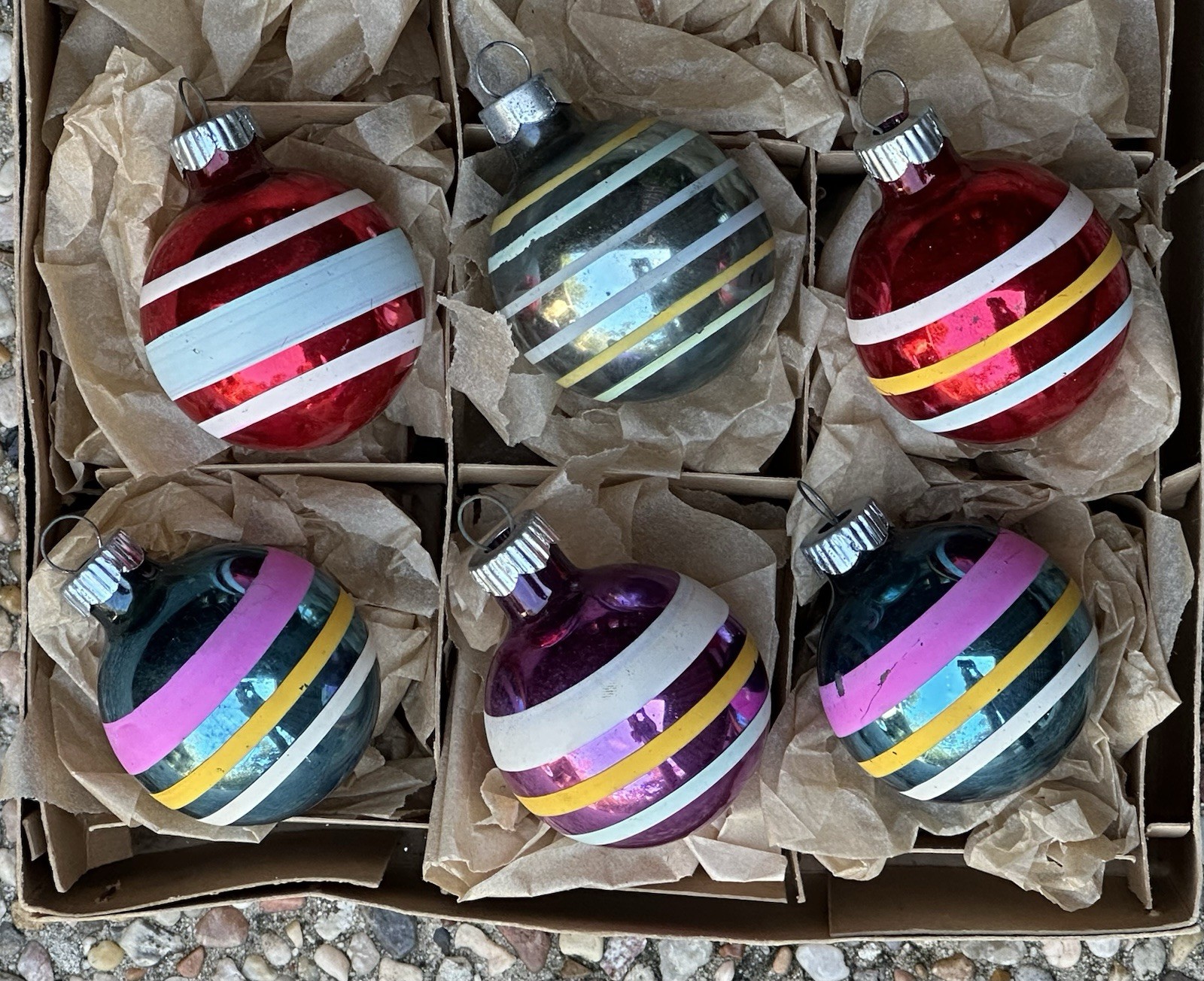 VTG Shiny Brite Made In US Of A Stripes Glass Christmas Ornaments
