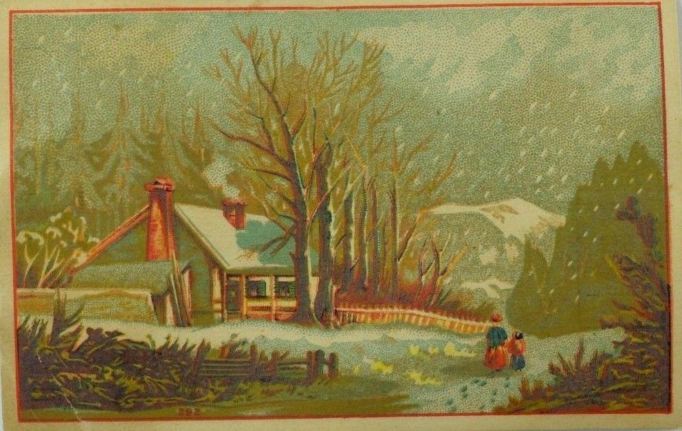 1870\'s-80\'s The reat American Tea Co. Coffee Winter Snow Cottage Mom & Child P82