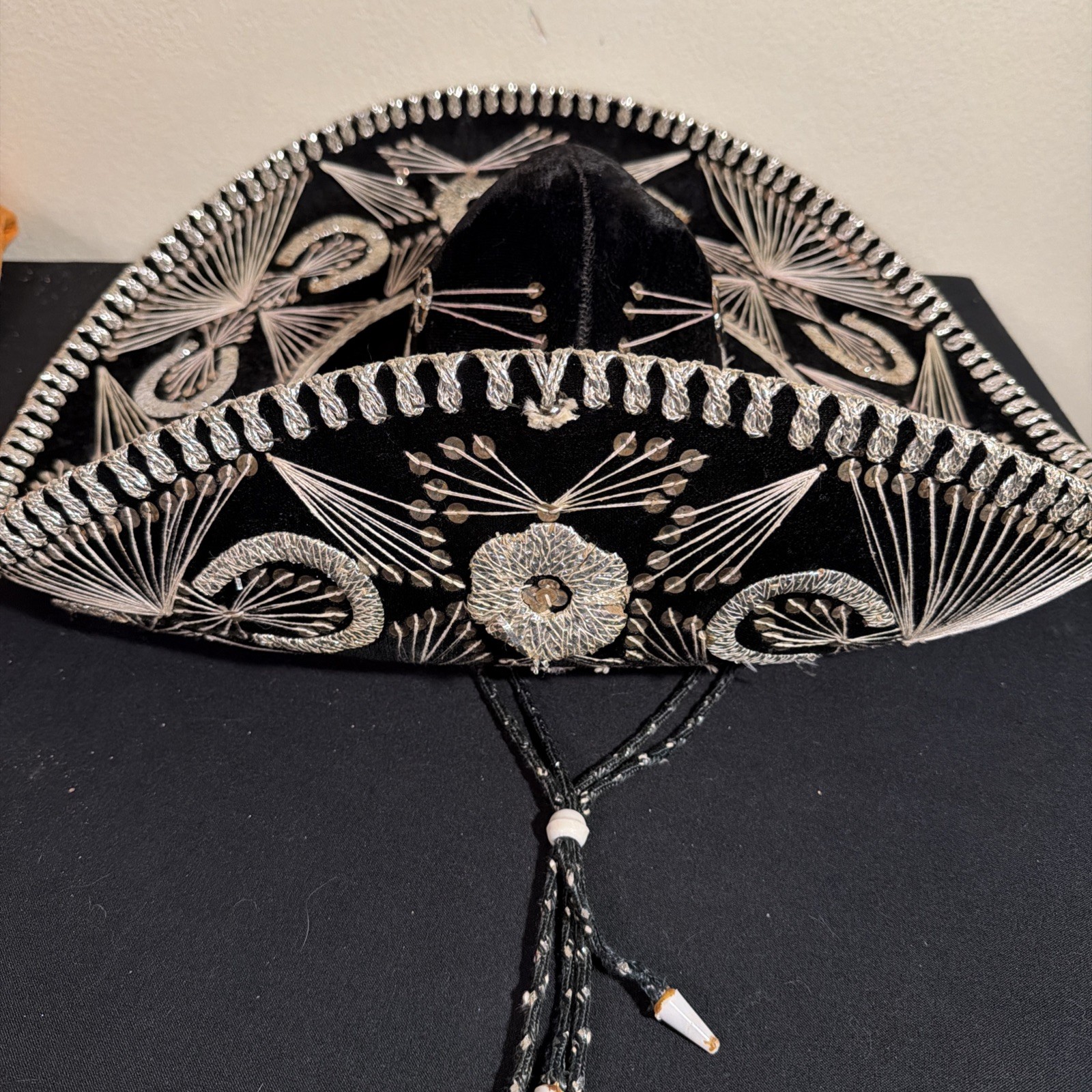 Vintage 70s mexican 23” black velvet sombrero with silver embellishments