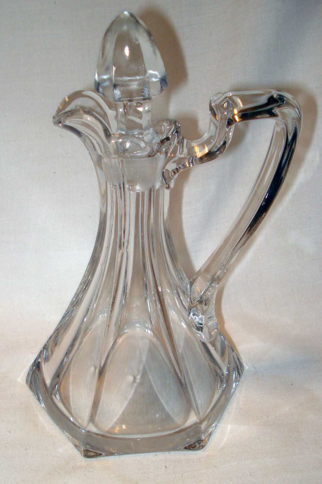 Vintage Crystal Clear Glass Paneled Panel Rib Handled Oil Vinegar Cruet Stopper