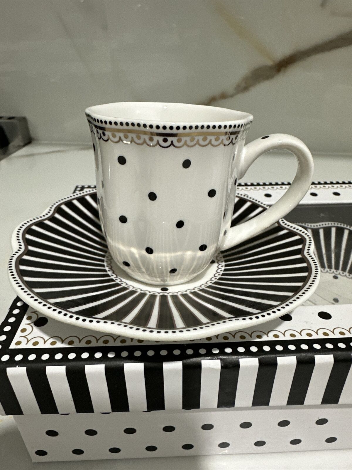 Grace's Teaware Josephine Black Polk A Dot Espresso Cup and Saucer Set