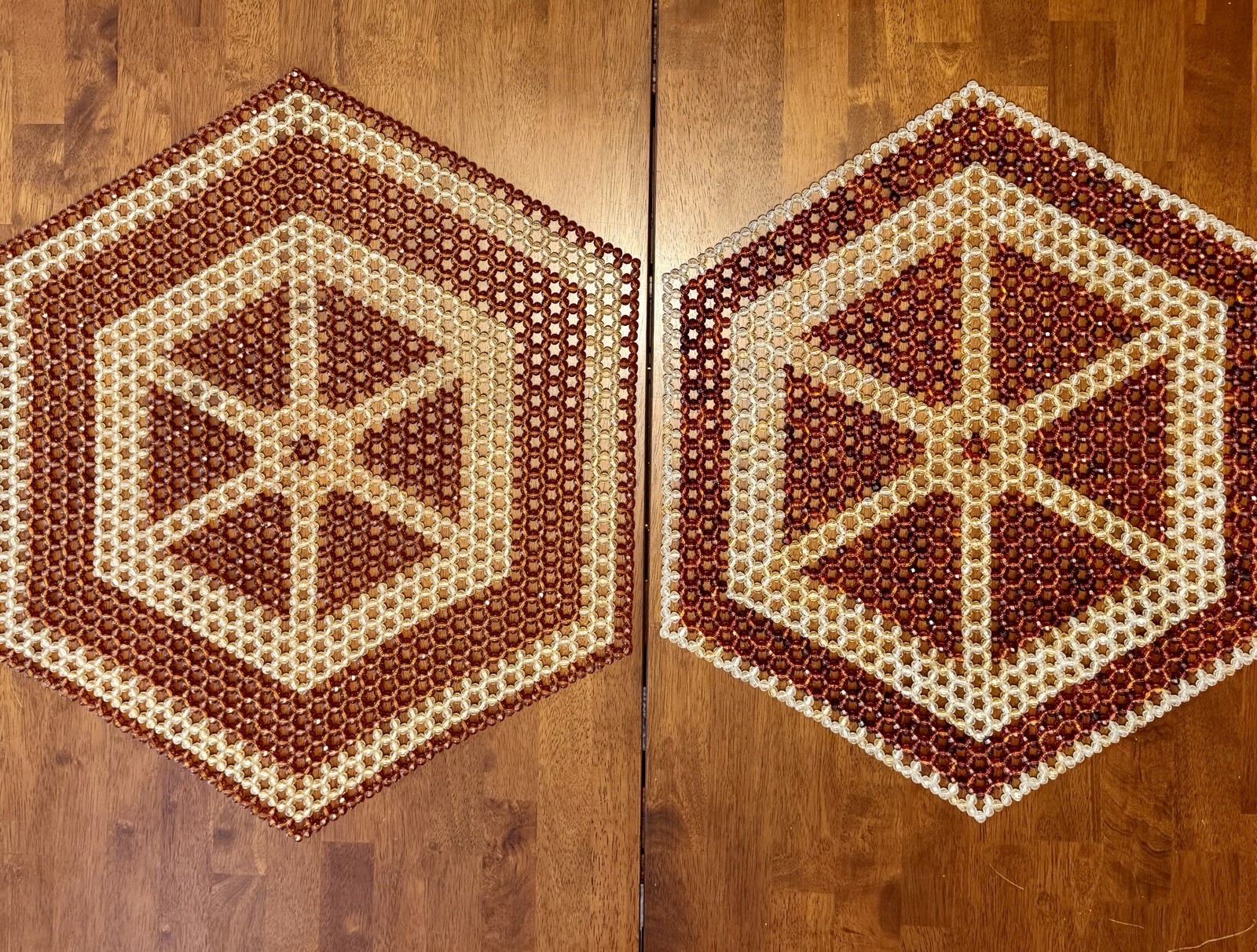 Vintage Beaded Table Mats Pair 23” & 25”Amber Clear Plastic Geometric Hexagons