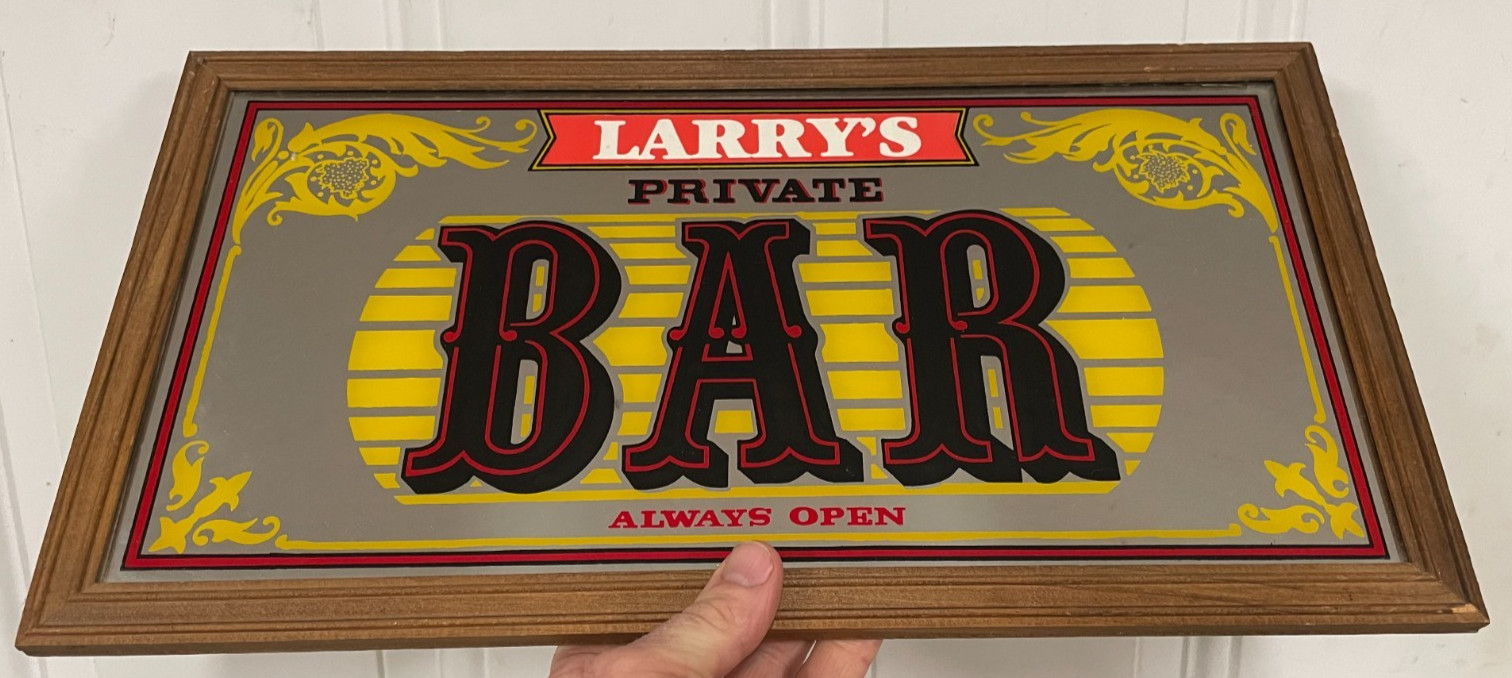 Vgt Larry\'s Private Bar Always Open Framed Mirror Sign Taiwan 17 X 9 Decor 70\'s