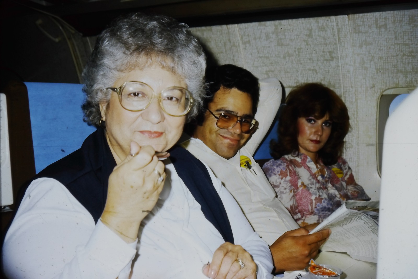 c1980\'s 35mm Slide, People Airplane Interior Vacation gray blue mid century