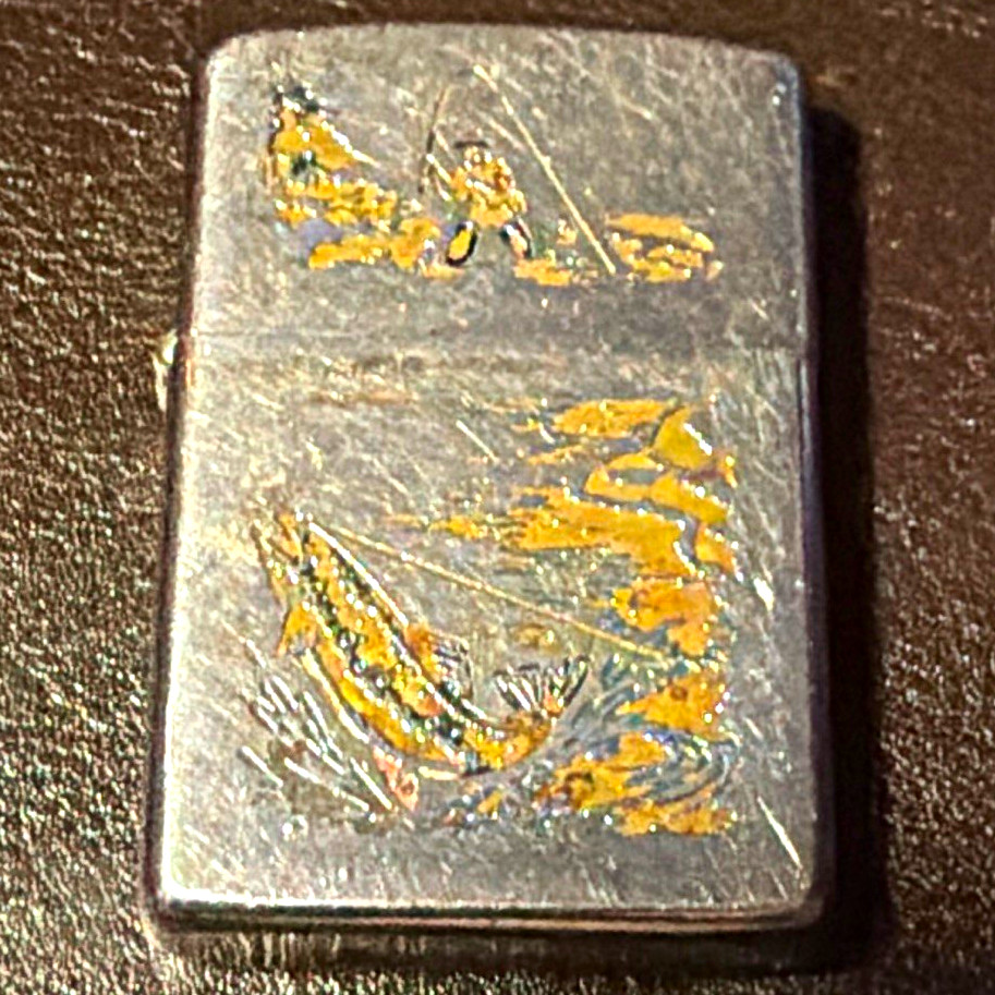 Zippo Brushed Metal Flip-Top Lighter Gold-Toned Etched Design Made in USA