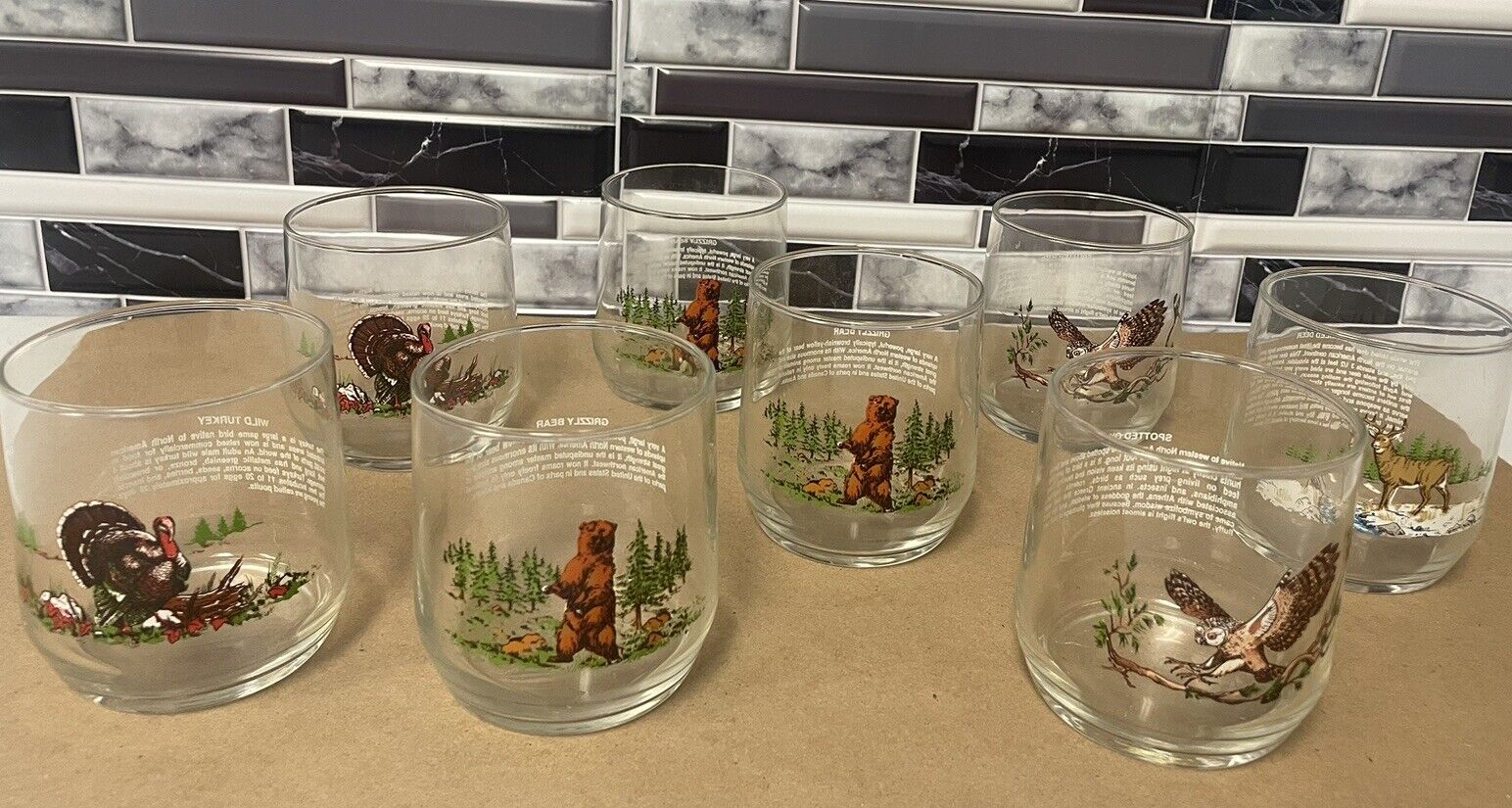Set of Eight Vintage Libbey Wild Animal Glasses. Describes The Animals On Back.