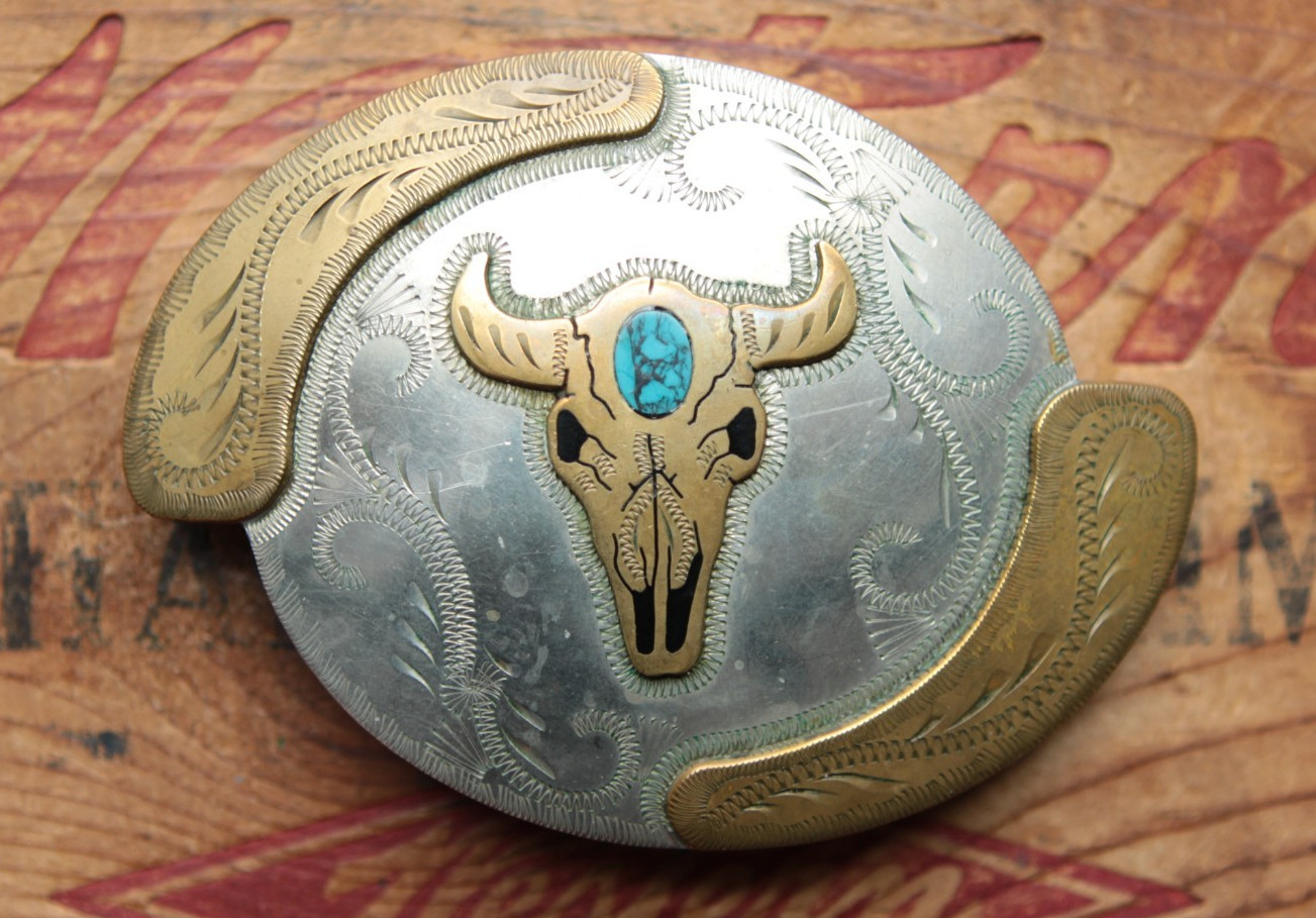 Vtg Johnson Held Handmade Buffalo Skull Turquoise Inlay Belt Buckle