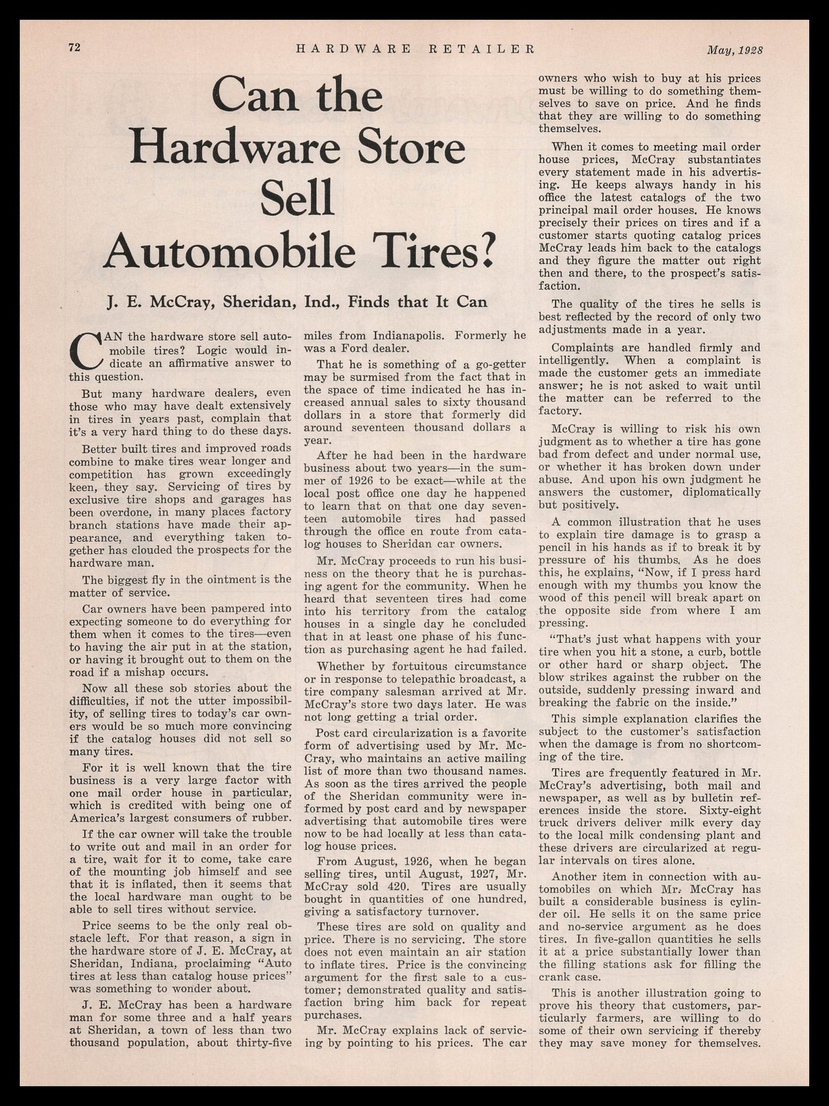 1928 J.E. McCray Hardware Co. Store Sheridan Indiana Tire Sales Article Print Ad