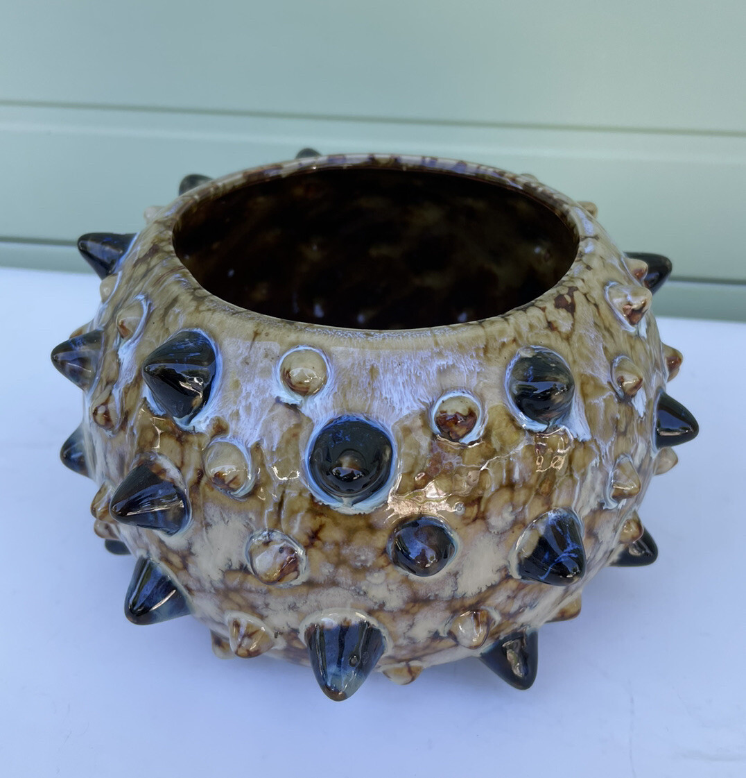 Handmade Hobnail Raised Pedestal Planter Bowl Porcelain Ceramic Brown Signed