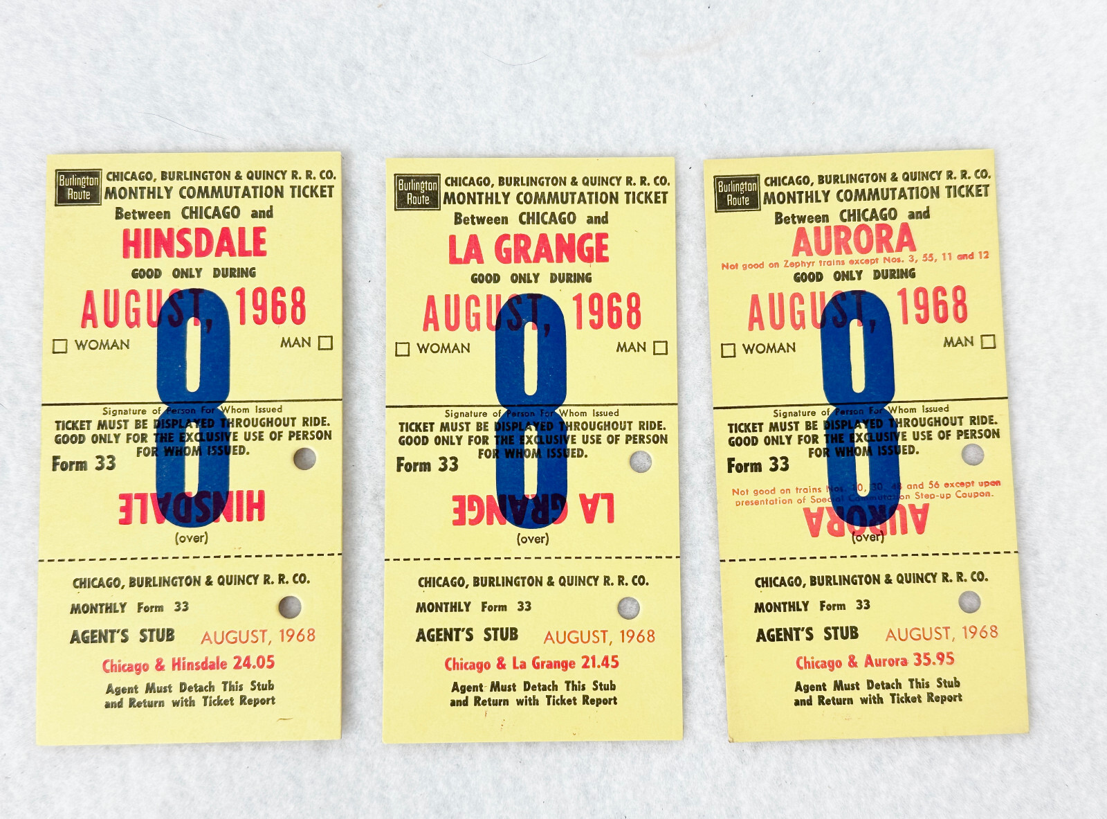 3 1968 VINTAGE BURLINGTON ROUTE AGENT\'S STUB - HINSDALE / AURORA / LA GRANGE 3 1968 VINTAGE BURLINGTON ROUTE AGENT\'S STUB - HINSDALE / AURORA / LA GRANGE