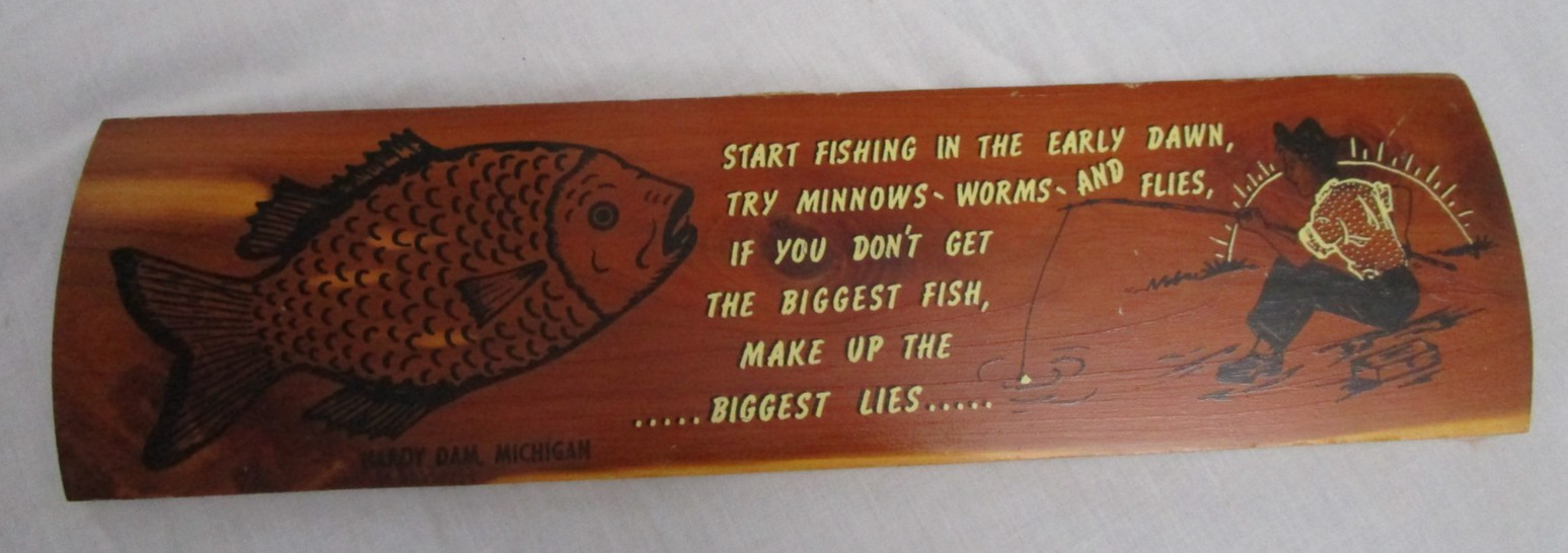 HARDY DAM MICHIGAN WOOD WALL PLAQUE VINTAGE FISHING THEME 14 3/ 8 INCHES LONG