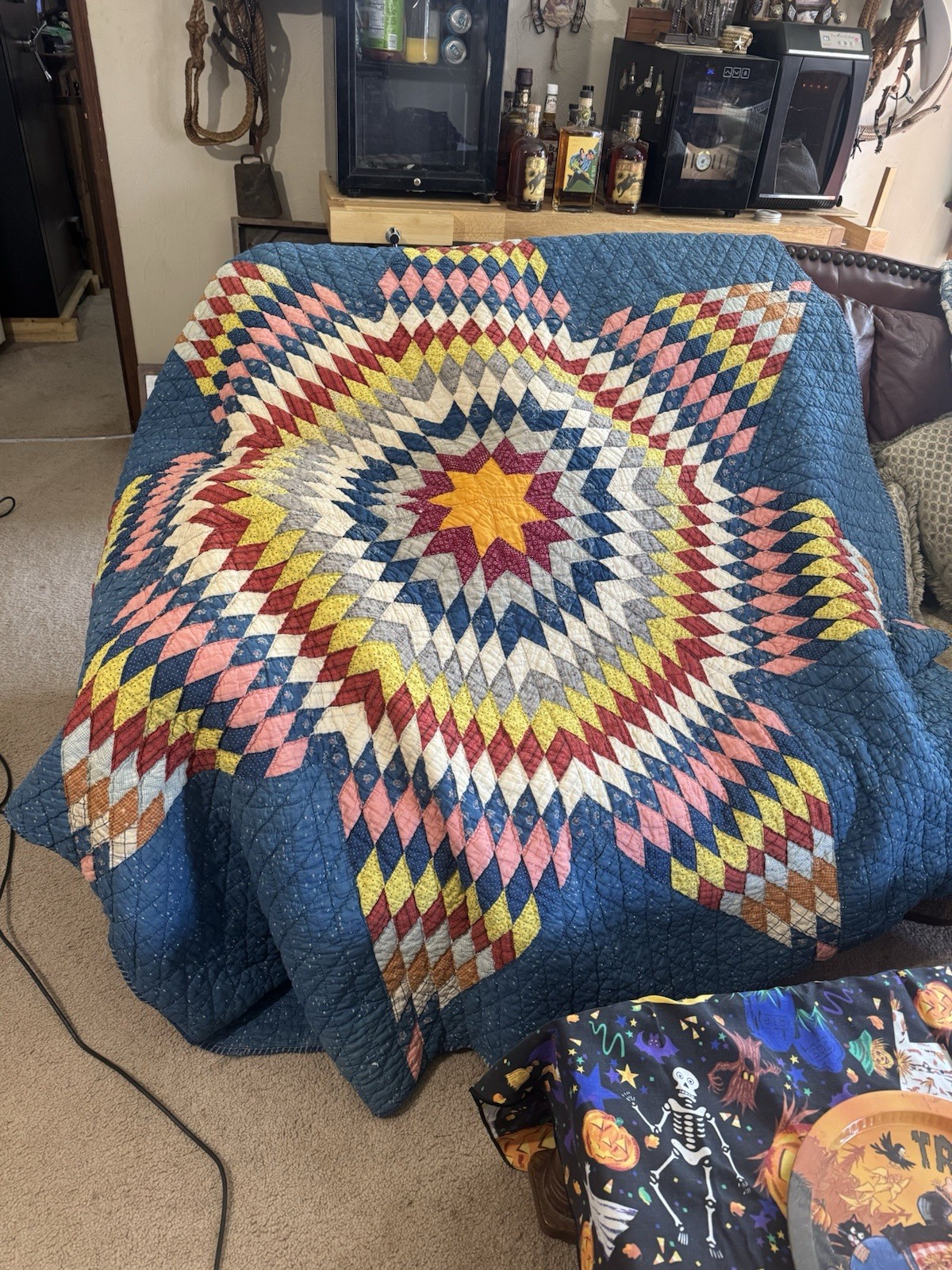 STUNNING Antique Lone Star QUILT VTG Satellites colorful 91x82