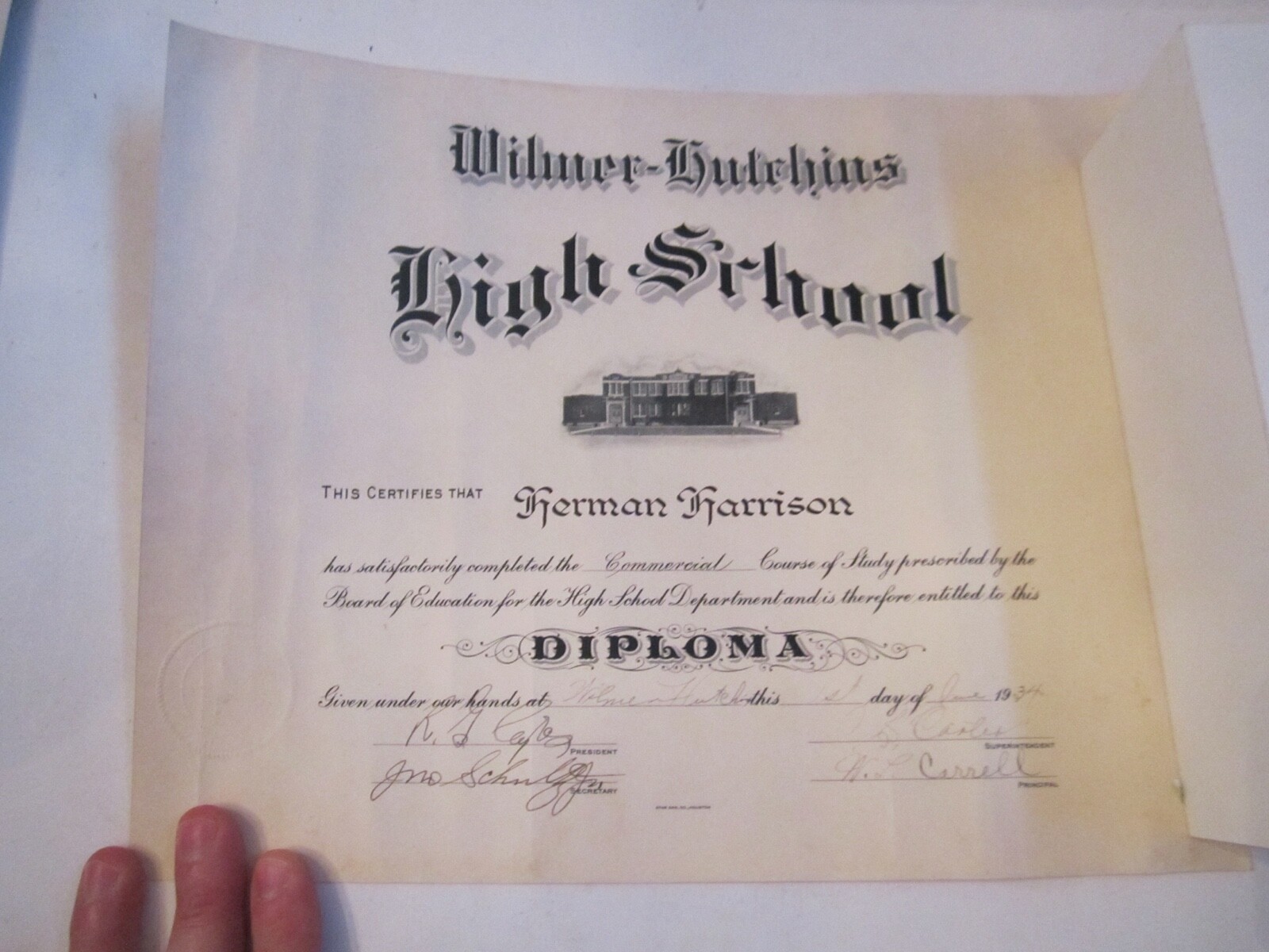 1934 WILMER HUTCHINS HIGH SCHOOL DIPLOMA - WD 1934 WILMER HUTCHINS HIGH SCHOOL DIPLOMA - WD