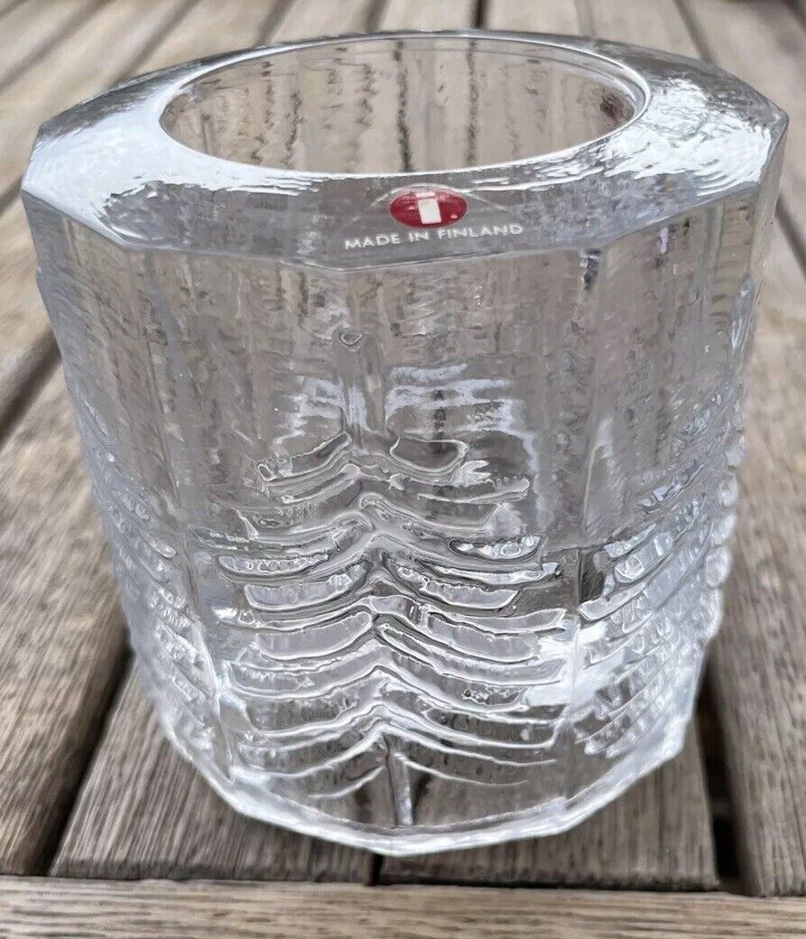 Vtg Iittala Finland Kuusi Fir Etched Trees Clear Glass 3” Votive Candle Holder
