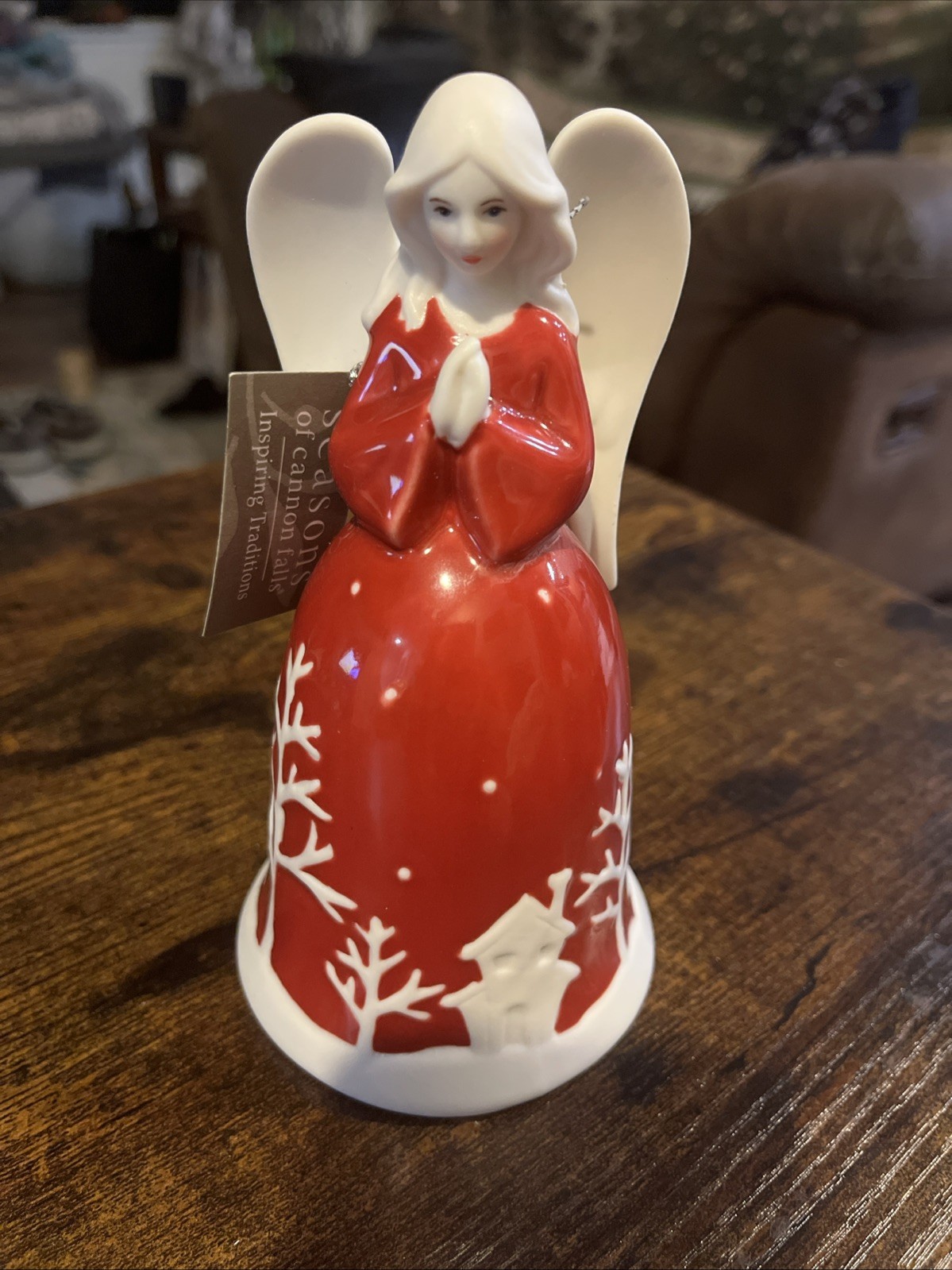 Ceramic Angel Bell Seasons Of Cannon Falls Red And White 6.25” H With Tag Ceramic Angel Bell Seasons Of Cannon Falls Red And White 6.25” H With Tag