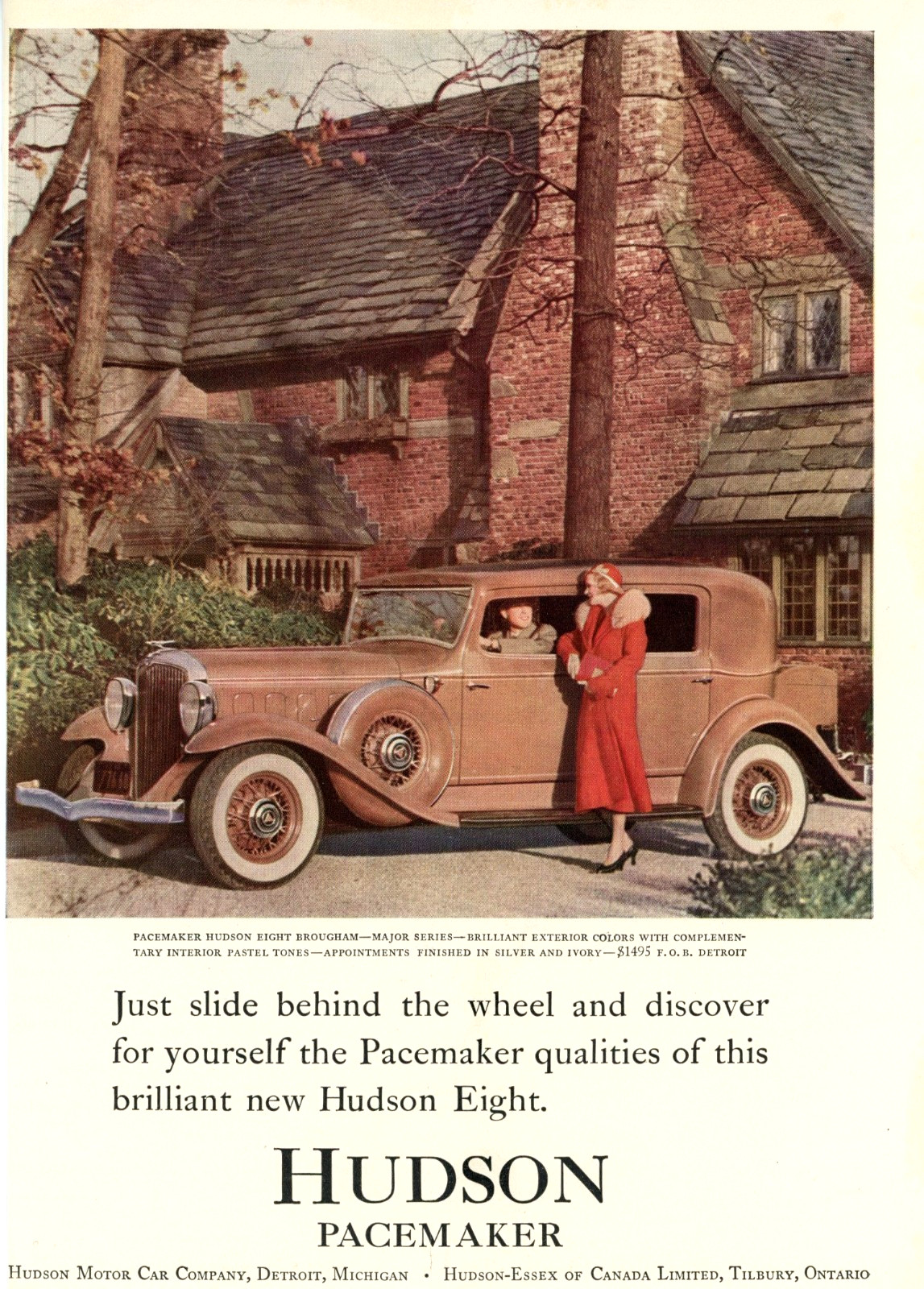 1932 Original Hudson Eight Brougham Ad. Pacemaker. Great House In Background