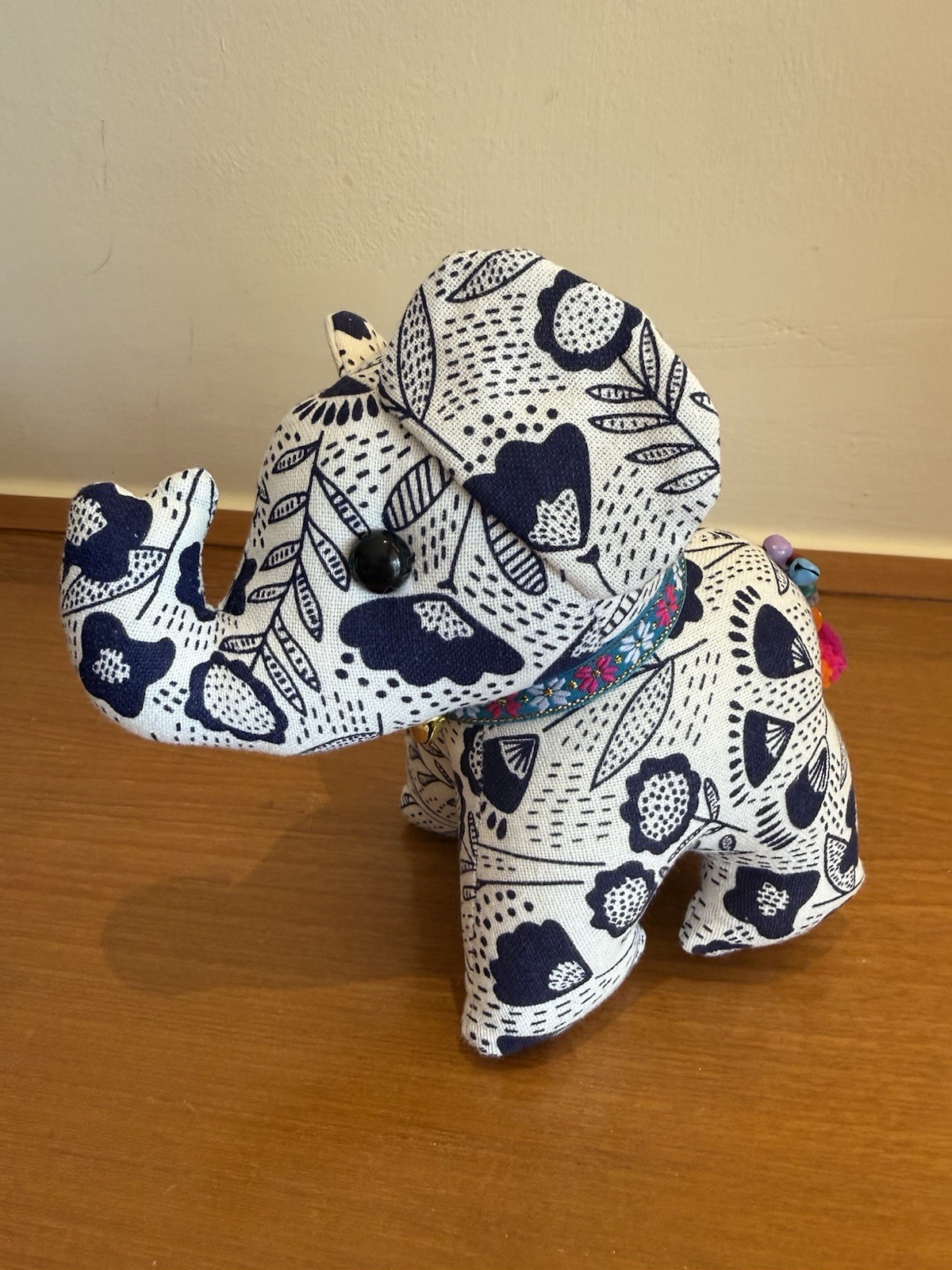 Elephant White Blue Índigo Stuffed Cotton Fabric Flower Printed Thai Made 6\