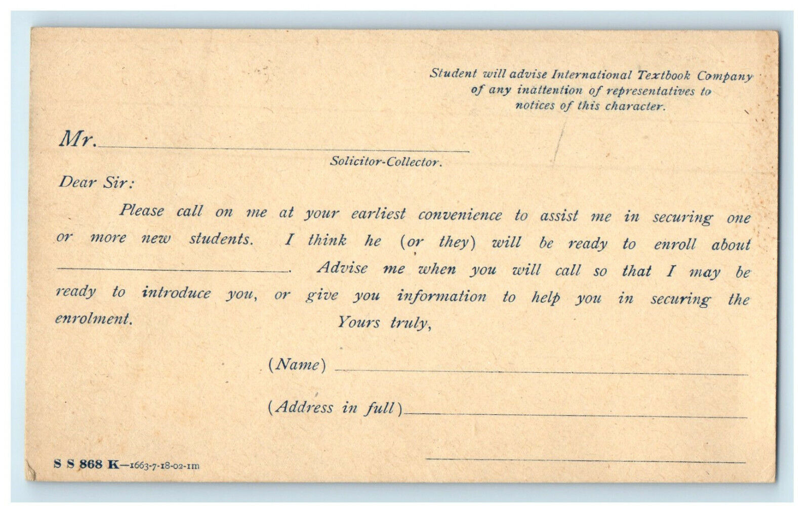 c1900s Letter to Assist in Securing One or More New Students PMC Postcard