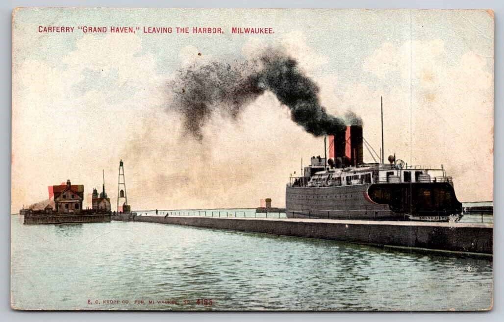 Car Ferry Grand Haven Leaving Harbor Milwaukee Postcard Ships