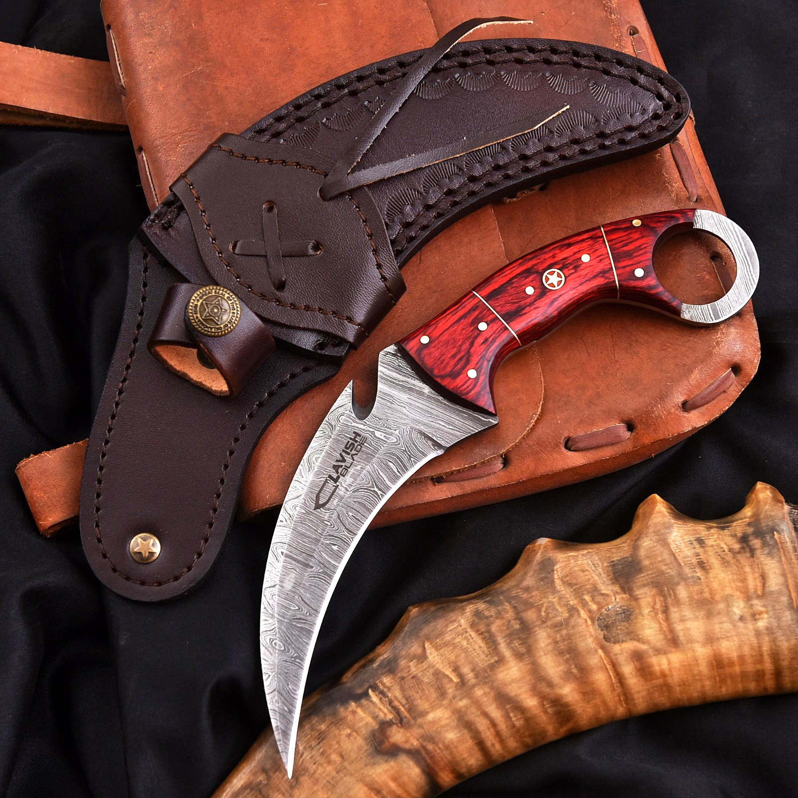 Handcrafted Damascus Karambit Knife Red Wood Hunting Survival Custom Sheath