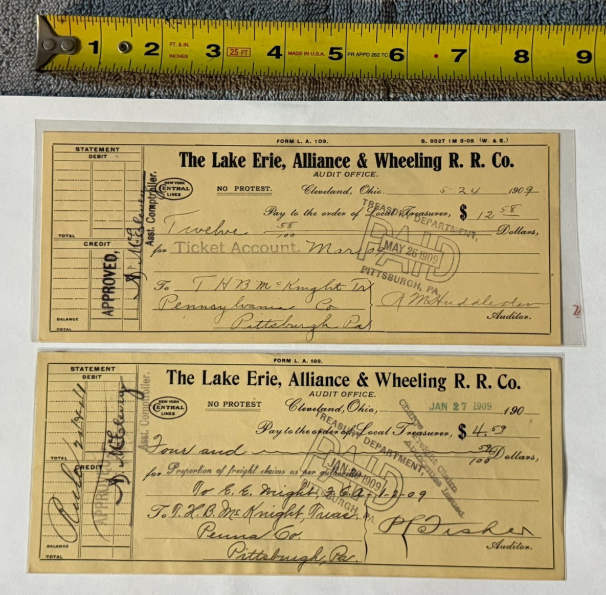 2 Vintage 1909 Checks - Lake Erie, Alliance & Wheeling Railroad Co. (Ohio & WV)