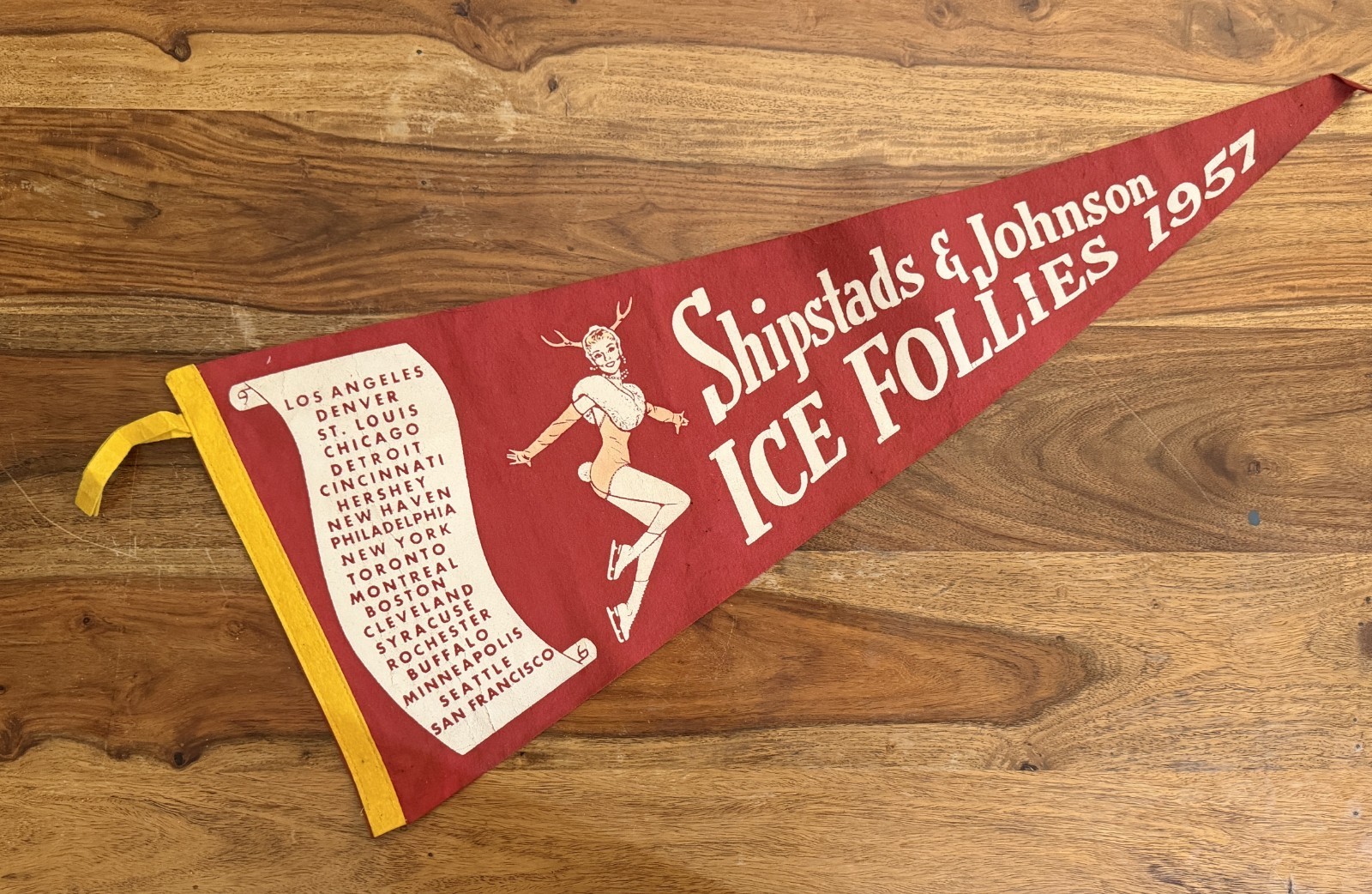 2 Vintage 1957 Shipstads & Johnson Ice Follies Felt Pennants Red & Navy Skater