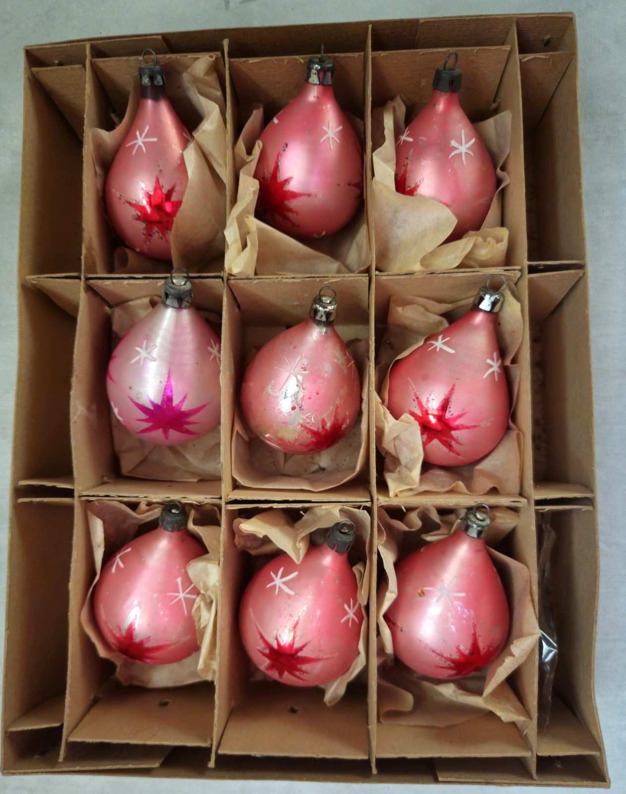 9 Pink Vintage Star Poland Teardrop Glass Mica Christmas Ornaments 2 1/2\