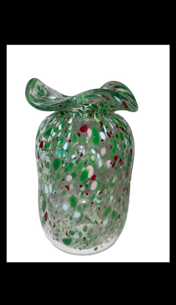 Vintage nice Artist Signed Speckled Confetti Hand Blown Ruffled Art Glass Vase