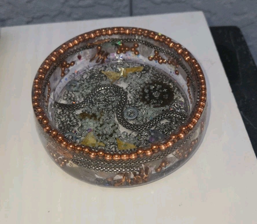 Handmade Orgonite Bowl Clear Quartz Crystal Copper Brass Mixed Metals Orgone EMF