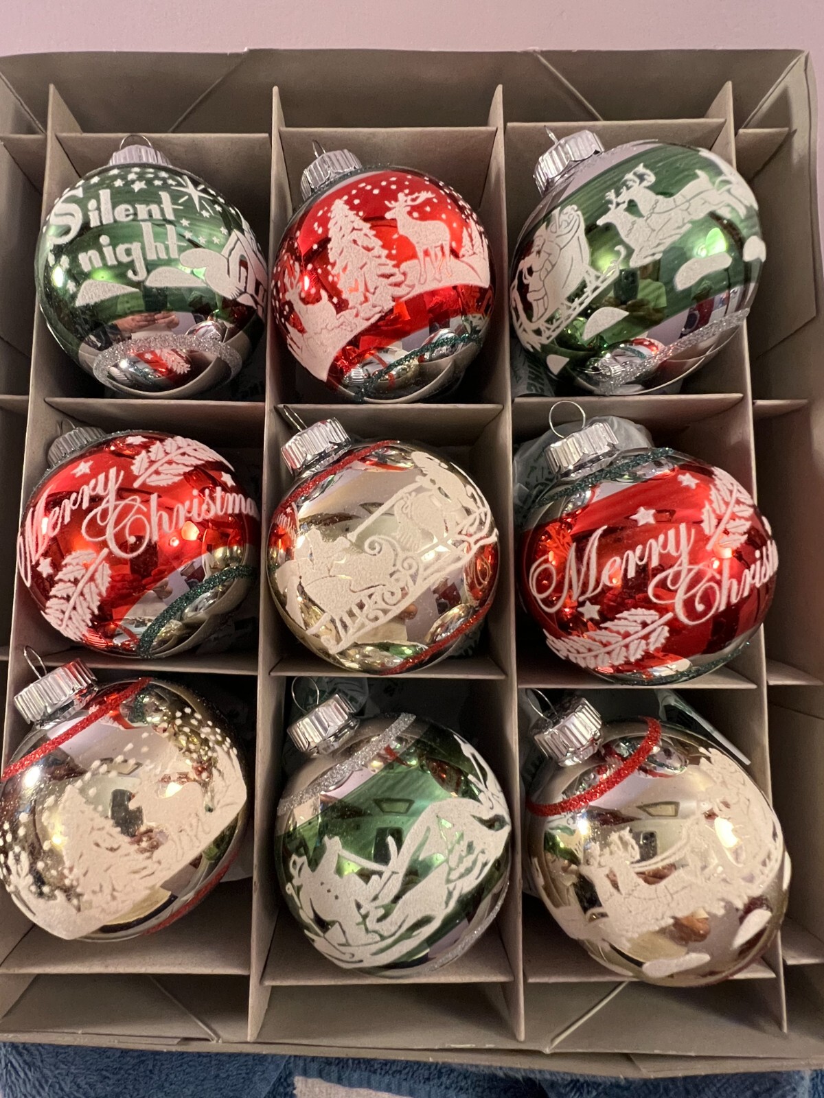 Christmas ornaments Radko Shiny Brite set of 9 glass flocked vintage designs CH8