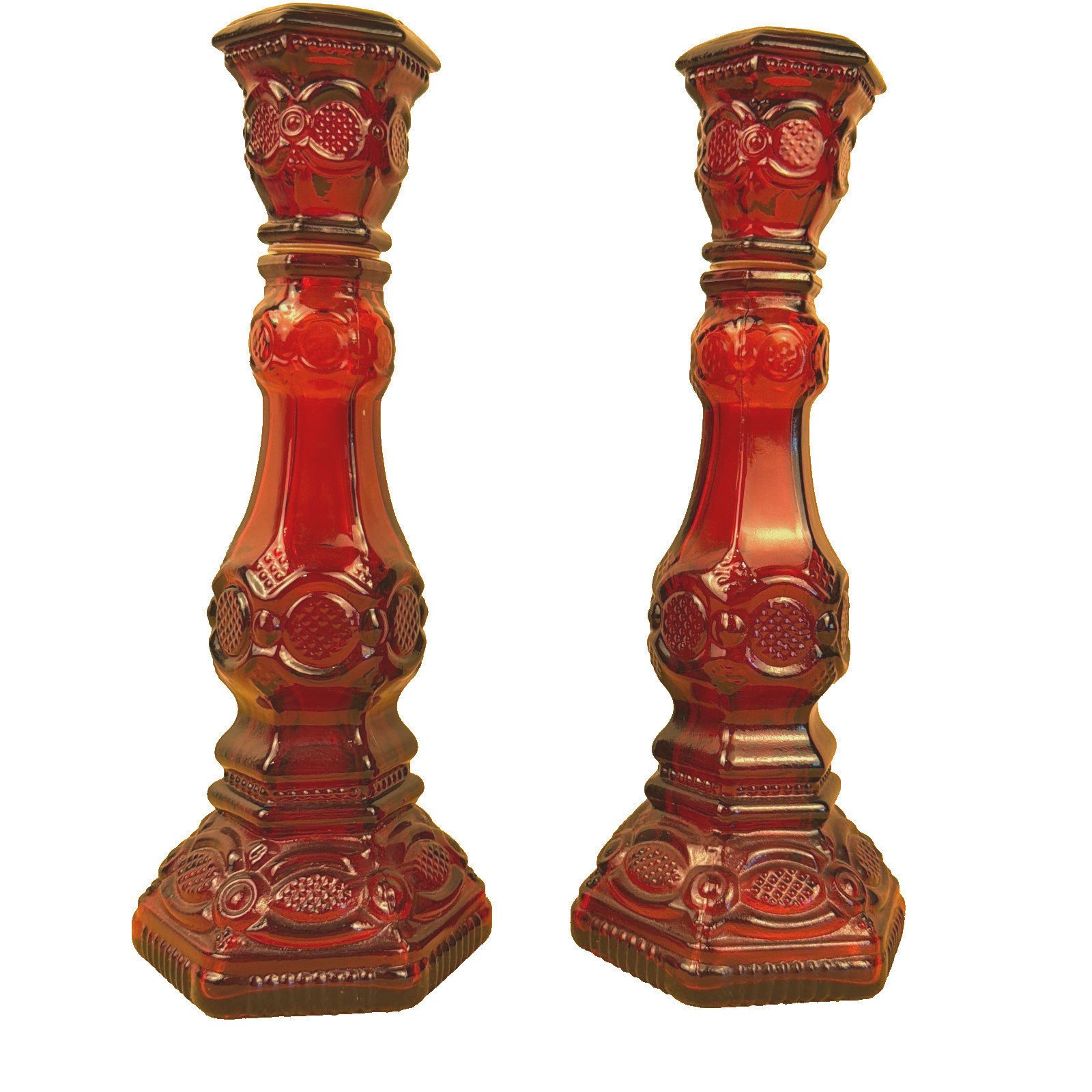 Avon 1876 Cape Cod Ruby Red Glass Candlestick / Cologne Bottles 8.75in - 2pc set