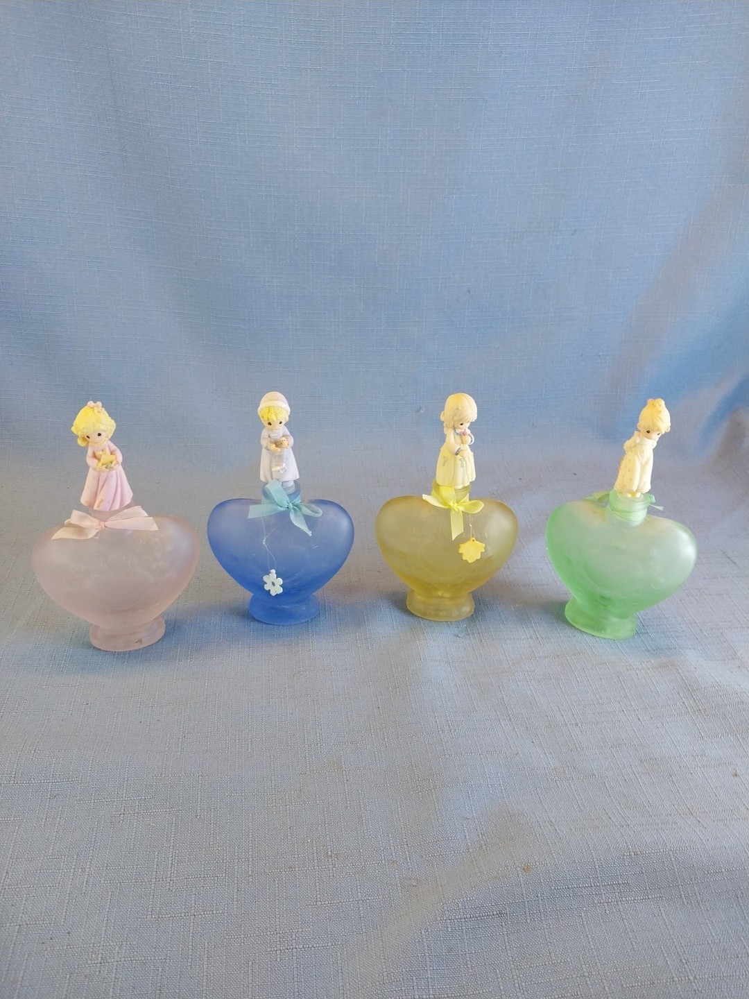 4 Vtg Precious Moments Frosted Blue Scents Of The Season Winter Perfume Bottle 