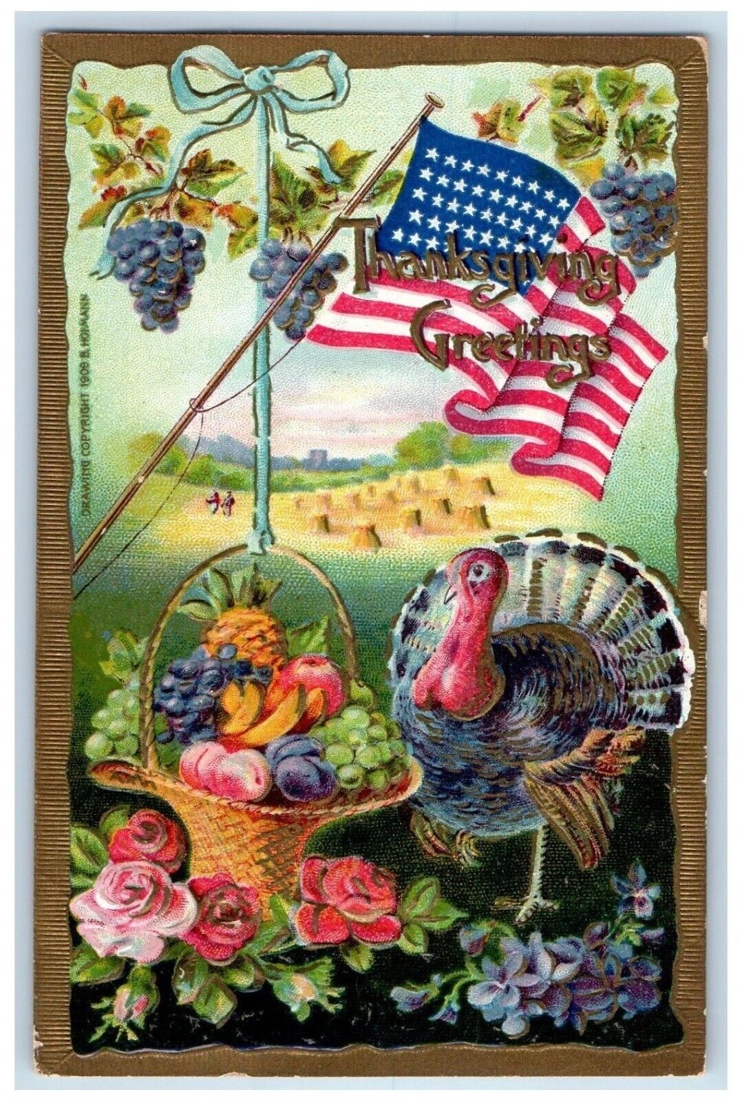 1909 Thanksgiving Greetings Turkey Fruits In Basket Flag Embossed Postcard