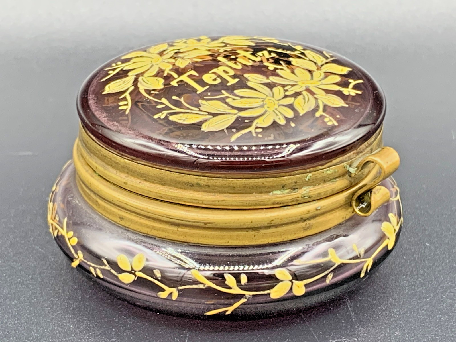 Antique Bohemian Czech Moser Glass Pill Trinket Box Enamel Flowers Ormolu Bronze