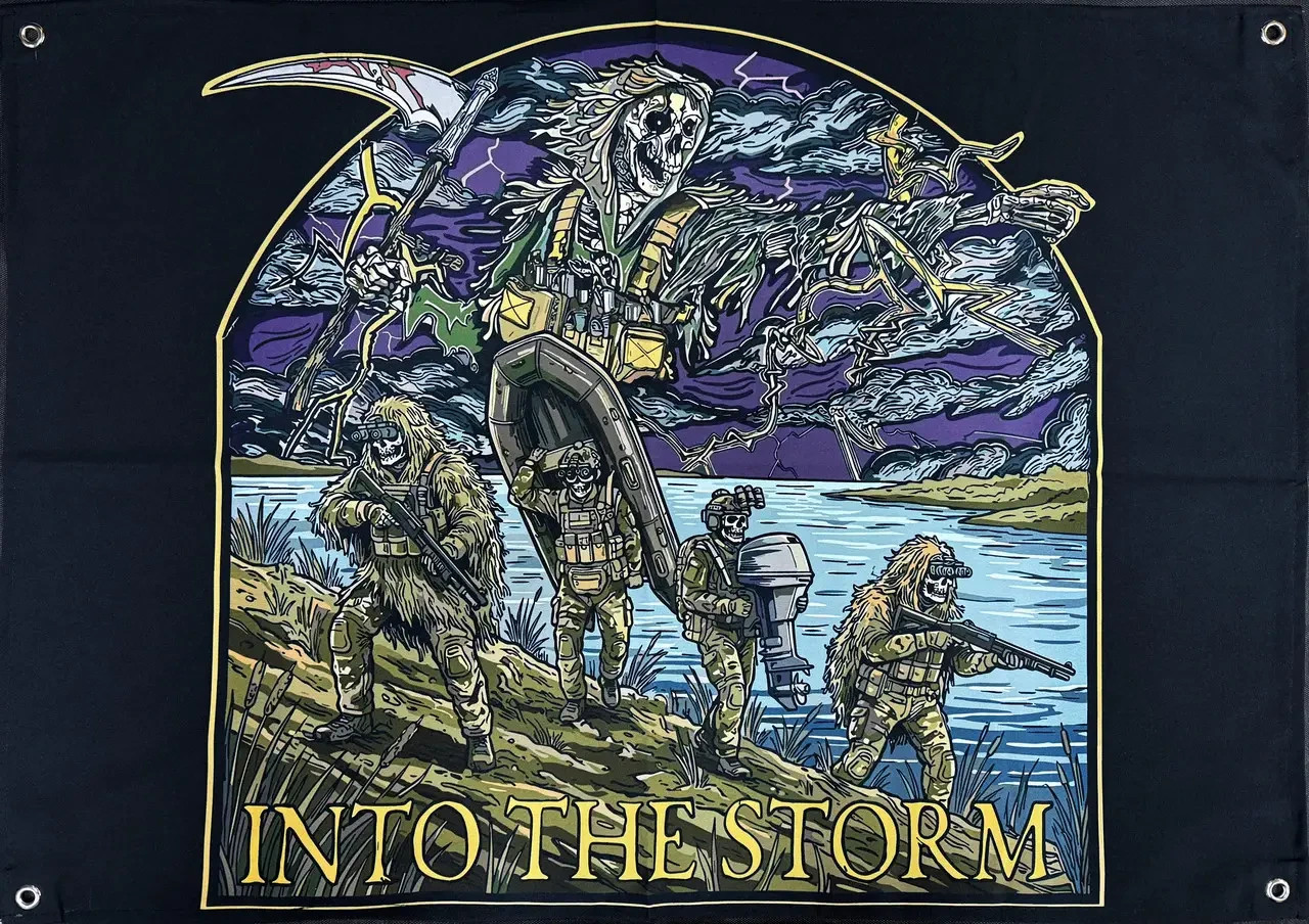 Into The Storm Flag Banner 36x24 Reaper Grim Army Tactical Boat Special Ops Deco