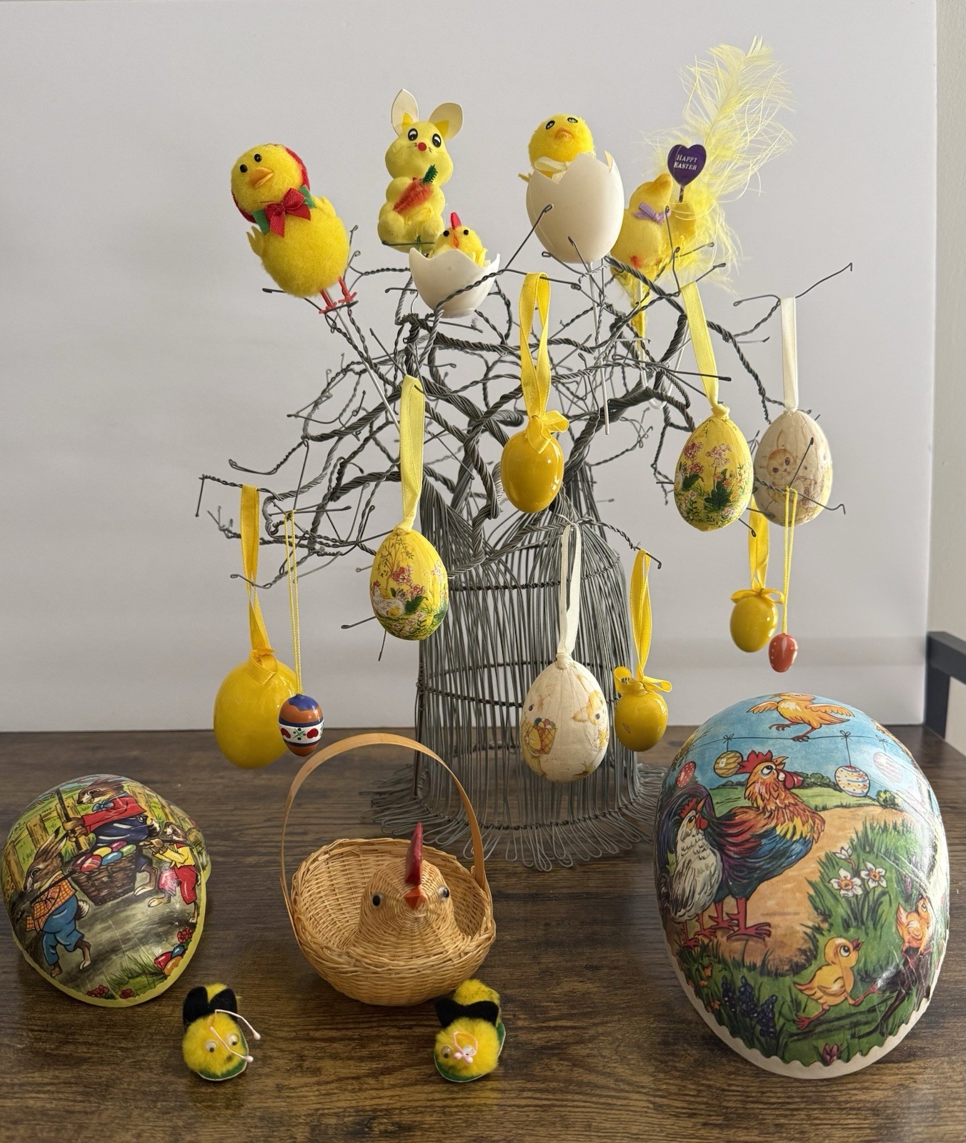 Vintage Easter Lot Flocked, Paper Mache, Eggs, Chicks, Bunny, Germany, Europe