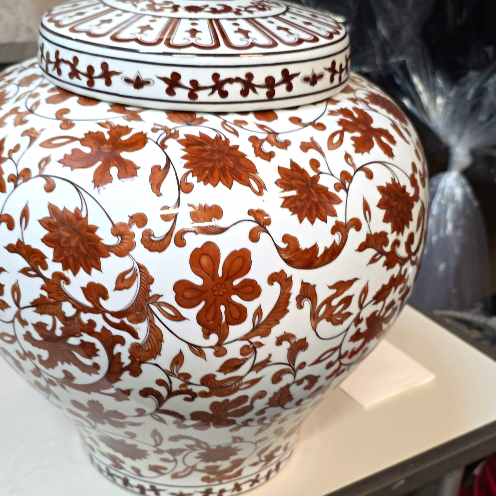 Williams-Sonoma Large Round Ceramic Floral Lidded Vase, White/Brown Asian