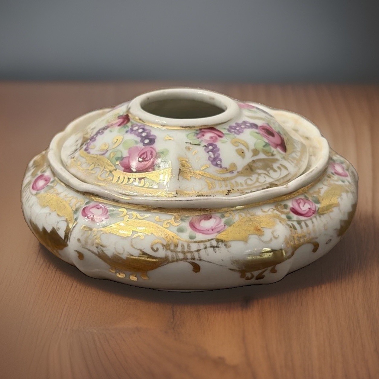 Antique Porcelain Hair Receiver Hand Painted floral, Roses Gilt Victorian Vanity