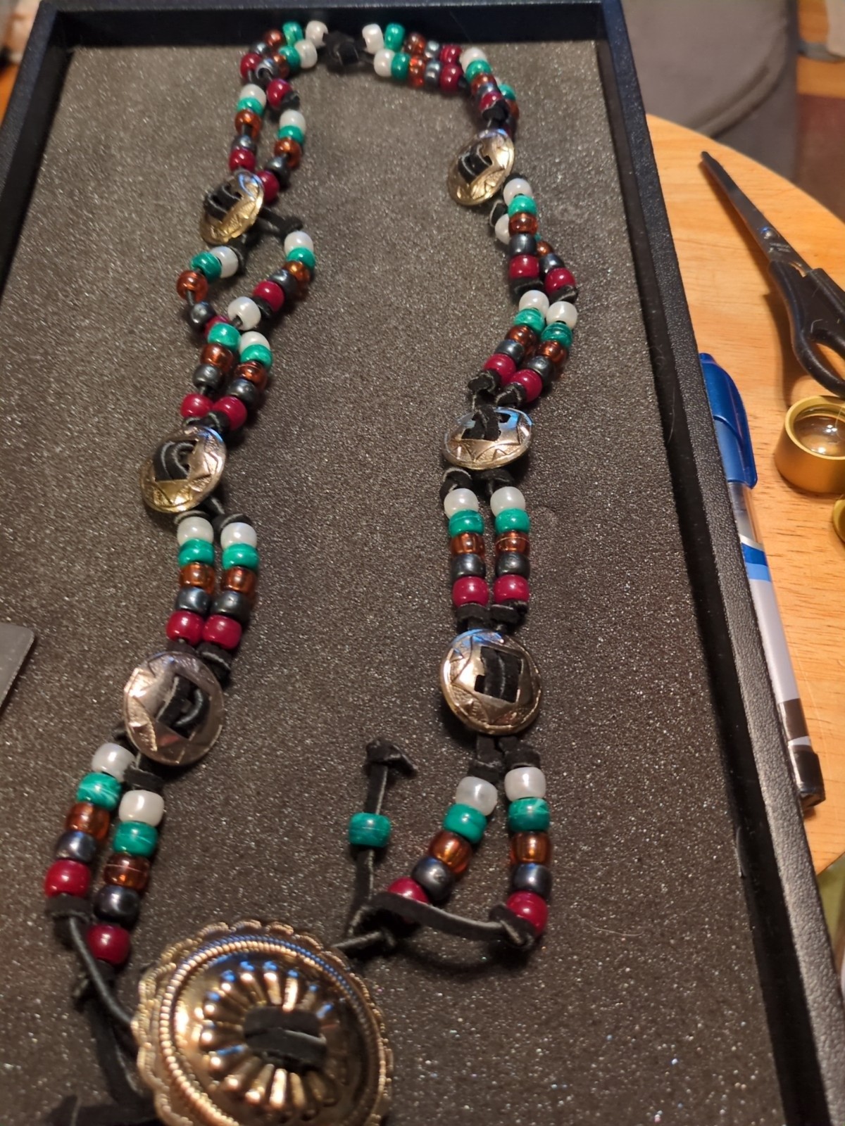 Native American Handmade Necklace Beaded and Silver Tone Leather Strap Belt
