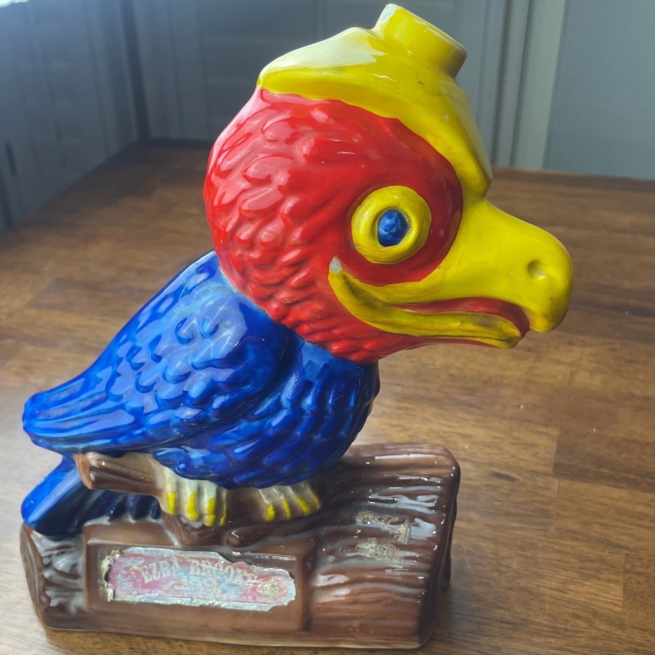 Vtg 1969 Ezra Brooks Jayhawk Heritage China Bourbon Whiskey Decanter Mascot READ
