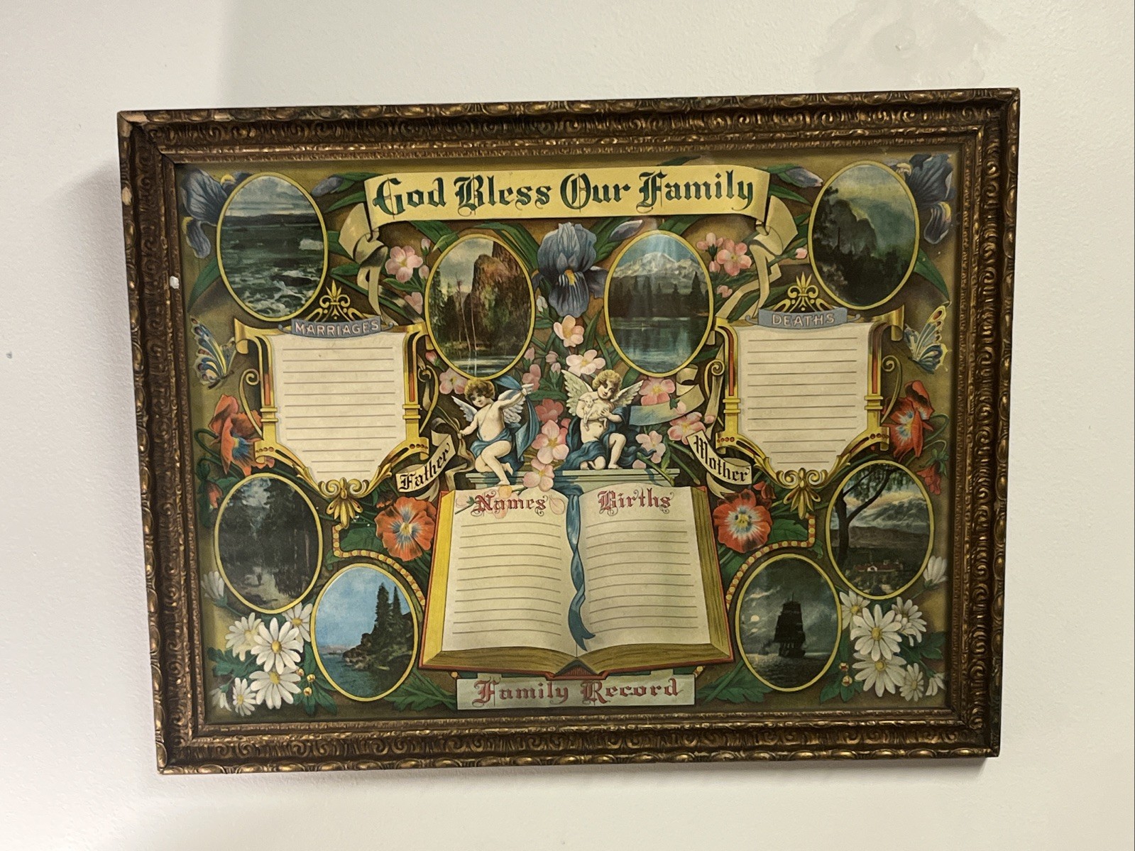 Antique God Bless Our Family Record Lithograph Frame Blank Chromolithograph 1905